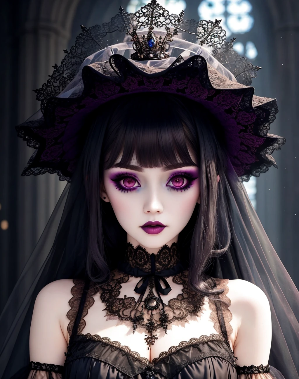 Masterpiece, absurdres,HDR ,highly detailed eyes and face,GothGal, a woman dressed in gothic ballgown holding,runny makeup, see through clothing, lace, embroidery , woman wearing a GothGal outfit, pale white skin, wearing a ballgown  <lora:ballgownGoth:0.7>