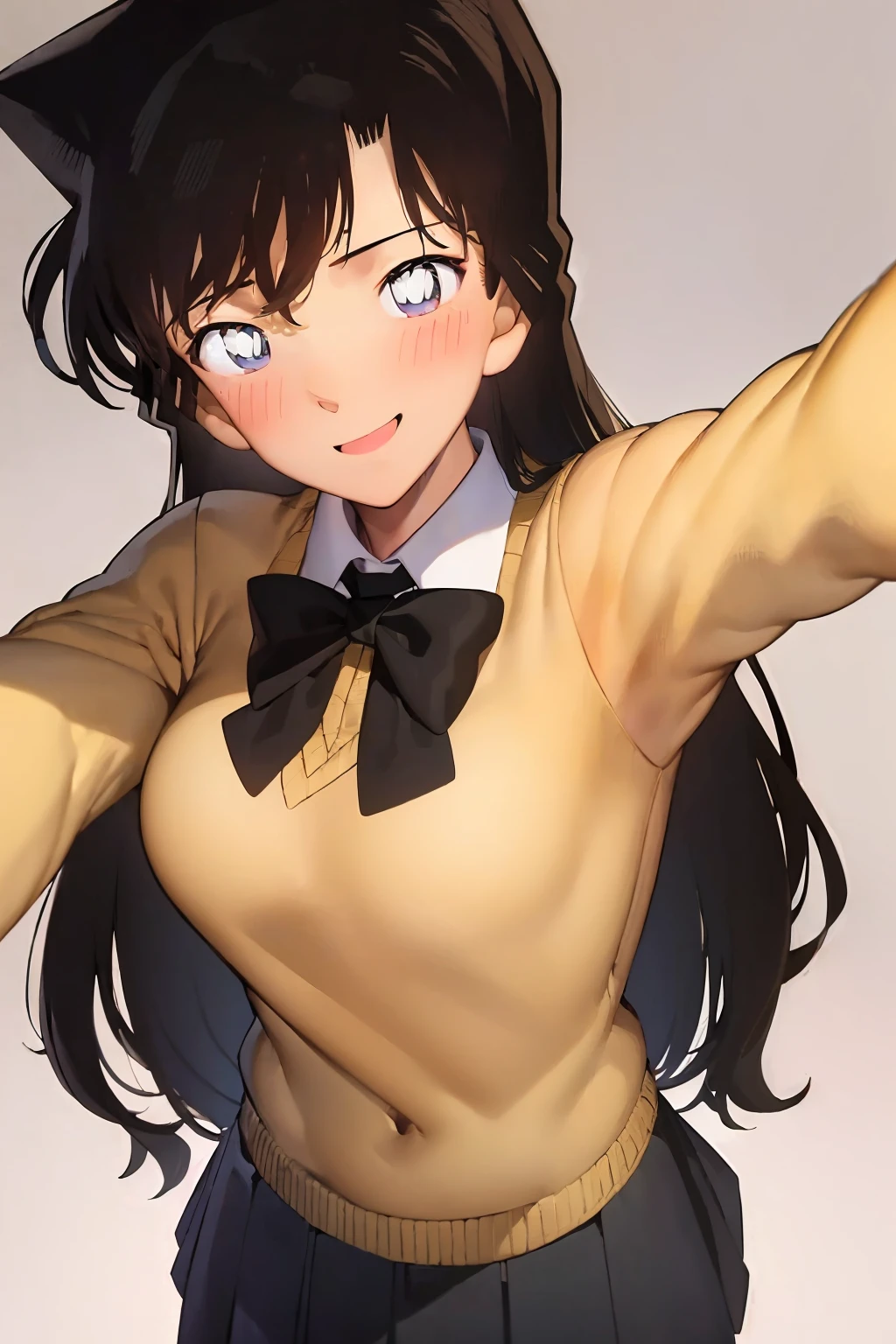 ((masterpiece)), (beach), (8k, high_resolution), ((distinct_image)),((1girl, solo)) ,extremely detailed CG, ((best quality)), (meitantei conan \(style\), detecive conan \(style\), meitantei conan), (((black hair, long hair, wavy hair))), solo, beautiful eyes and detailed face, (large breasts:1.2), (wide hip:1.3), (thick thigh), (long height), ((blush, smile:1.1)), (abs:0.8), ((black hair, black eyes:1.4)), ((selfie)), ((1girl, solo)), (school uniform, green nectie, white shirt, blue blazer:1.2), cowboyshot <lora:conan2-20:1>