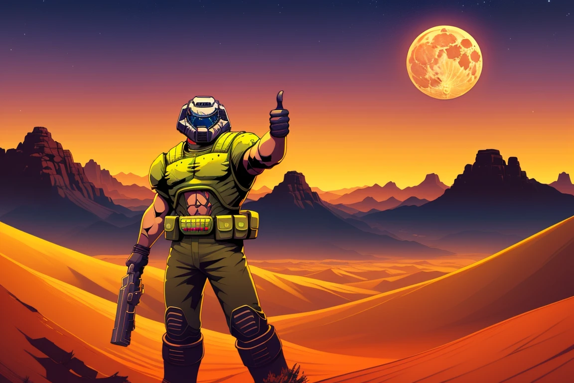 doomguy, full body, solo, illustration, 2d, (thumbs up:1.2), (solo:1.4), desert, full moon, night sky, night,
<lora:doomguy-15:1>