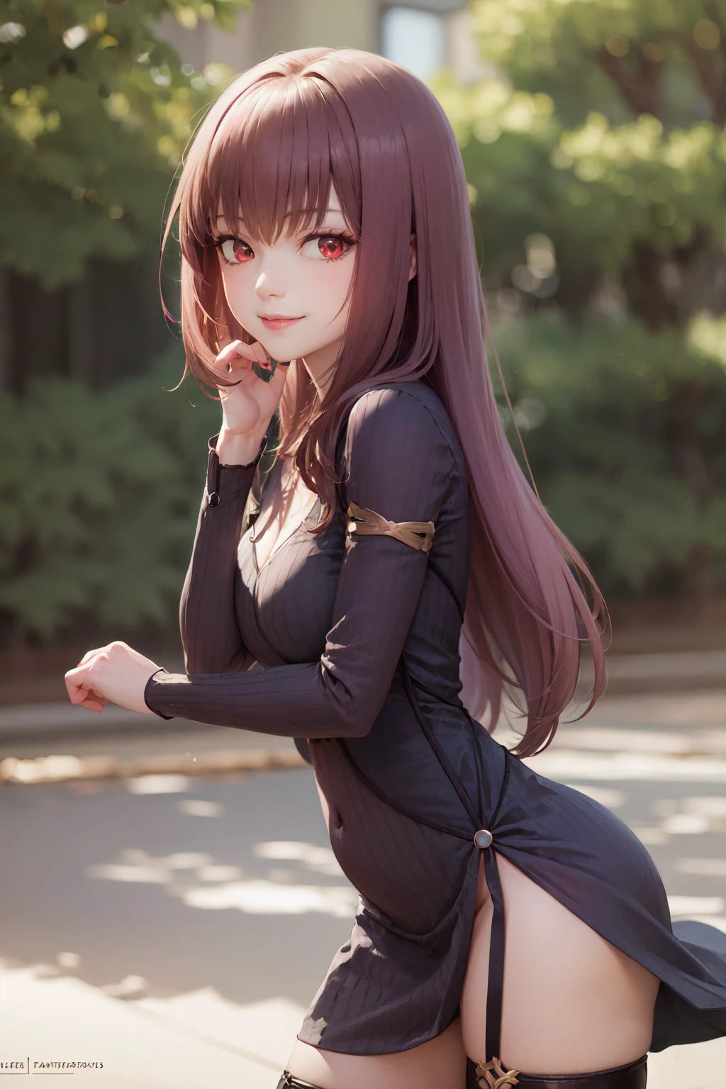 (masterpiece, best quality:1.2), <lora:fate_scathach-10:0.8>, cowboy shot, solo, 1girl, scathach \(fate\), smile, looking at viewer, hand on own face, long purple hair, red eyes, ribbed dress