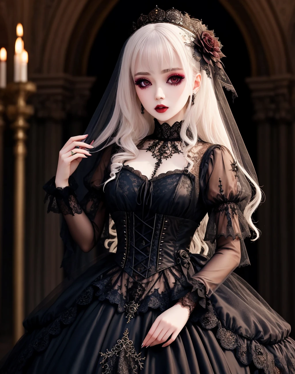 Masterpiece, absurdres,HDR ,highly detailed eyes and face,GothGal, a woman dressed in gothic ballgown holding,runny makeup, see through clothing, lace, embroidery , woman wearing a GothGal outfit, pale white skin, wearing a ballgown <lora:ballgownGoth:0.7>