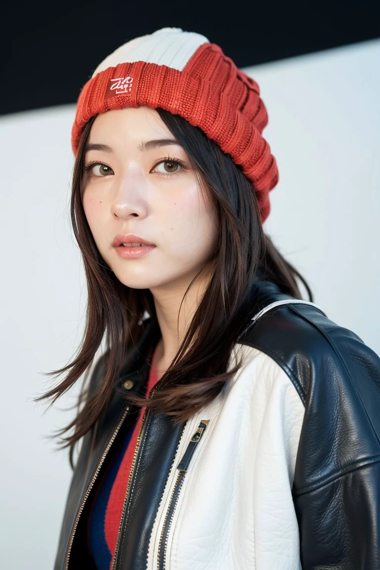 (
(8k:1.27), best quality, masterpiece, ultra highres:1.2) Photo of Pretty Japanese woman
 (beautiful:1.1) (sci-fi warrior woman:1.1) space soldier, (beanie:1.61) (leather jacket:1.21) intricate elegant, fantasy, detailed, ometric by greg rutkowski and alphonse mucha, gradient lighting