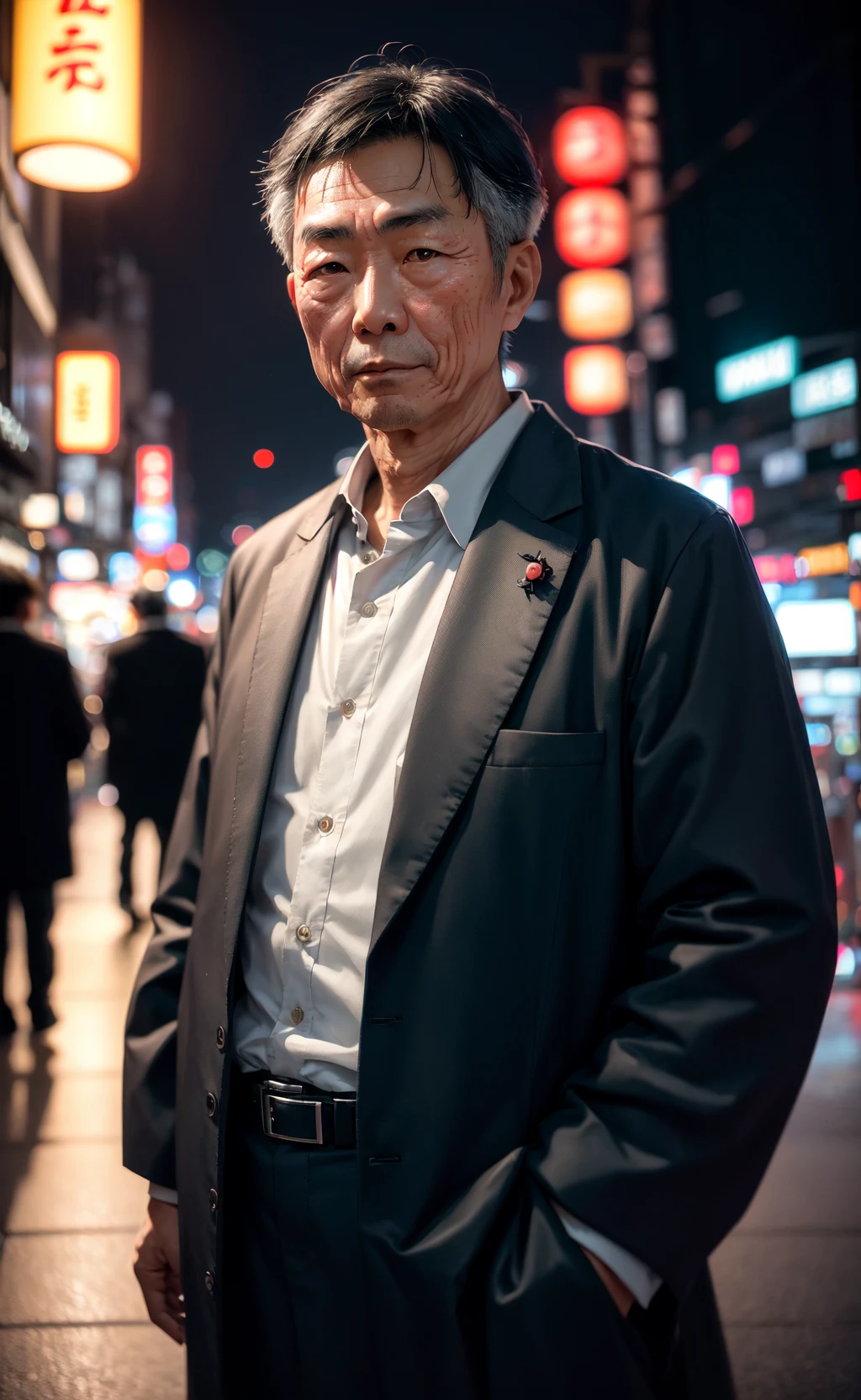 RAW photo, a portrait photo of 50 y.o japanese man in clothes, night tokyo, (high detailed skin:1.2), 8k uhd, dslr, soft lighting, high quality, film grain, Fujifilm XT3