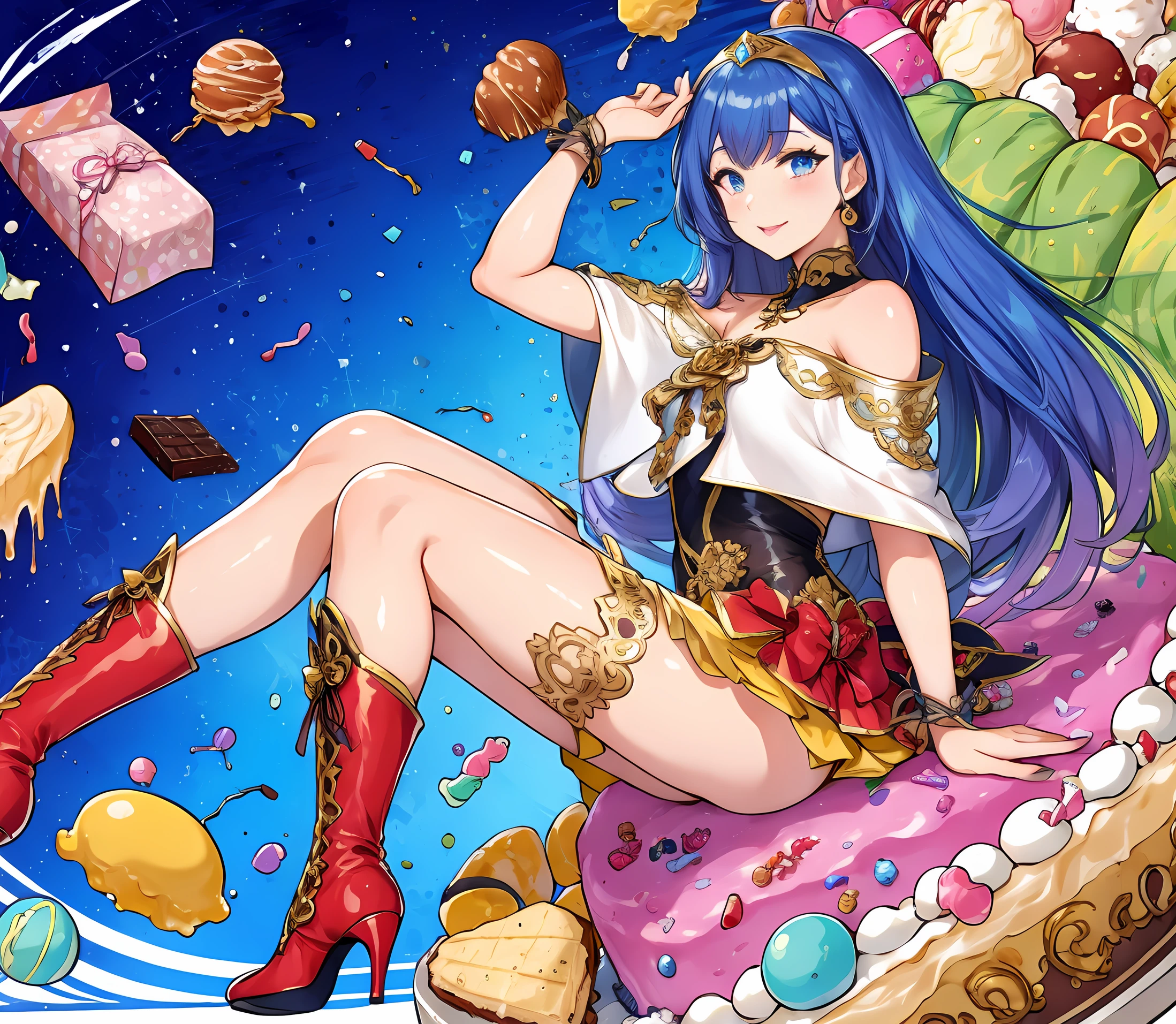 (Masterpiece, Best Quality), highres, Manga, (2d), (Traditional Media:1.2), official art 1woman, (solo), dynamic, portrait, retro artstyle, a cartoon character on a colorful background sitting on a delicious drizzling cake, art by ro_g_(oowack), wide shot, (mature female:1.2), fire emblem heroes, [outline], (upper body:1.2), Rajah hair, Patriarch eyes, (detailed deep eyes), tsurime, (lips, nose, long face:1.2), aged up, elegant, curvy, medium breasts, medium-length messy hair, (long sidelocks), fringe trim, expressive, Ayami Kojima, light smile, flirting, translucent skirt, appliques, candy trim, bubblegum, blush, surprised, treats, chocolate bar, high detail illustration, lineart, space art, pool of honey and syrup, [confetti], ice cream, candy_hair_ornament , wrapped candy, sweet, fluffy capelet, frills, cute fantasy, shiny, cinematic lighting:1.1, scenery, (glaze), bare shoulders, high heel boots, lace trim, contrast, extremely detailed, intricate, (Details:1.2), Clothing style,  Clothing print, (alternate costume:1.1), full body, (transparent background:1.2), floating particles, pop art, art deco