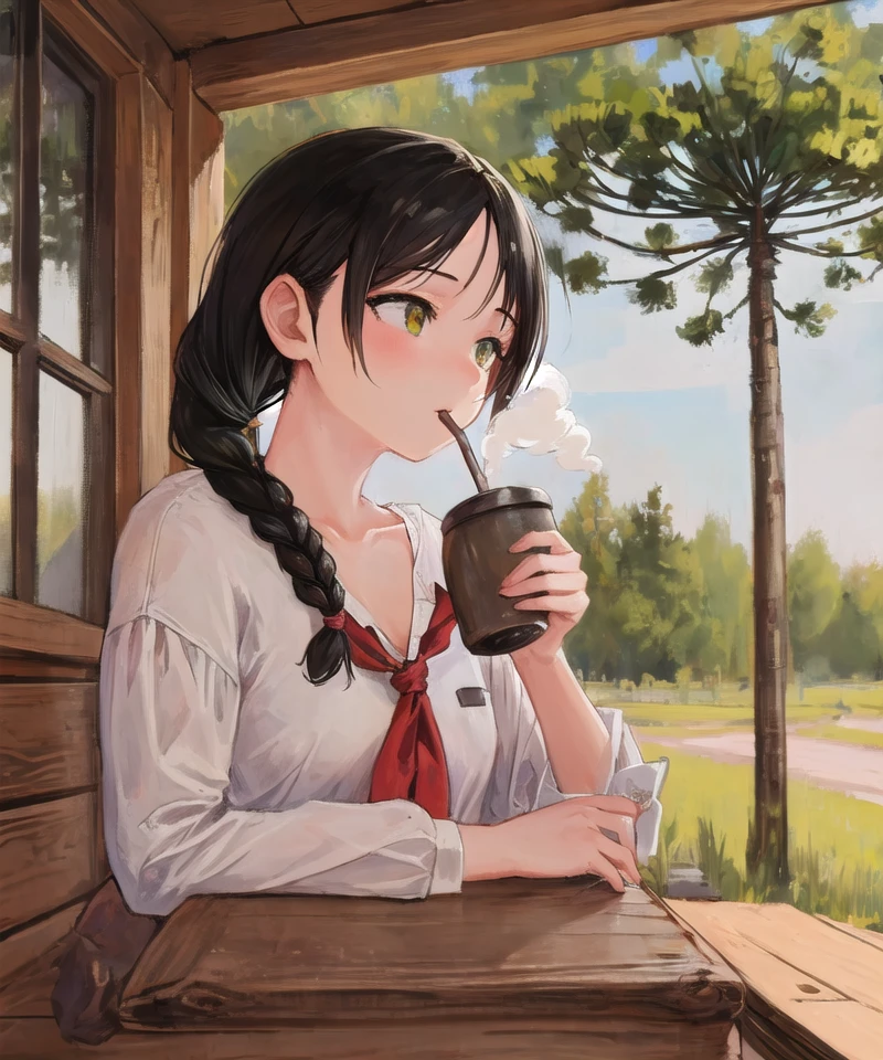 1girl, upper body, holding [wooden cup, metal straw:(mate:1.3):2], drinking, porch, outdoors, nature, (araucaria:1.2), white blouse, red neckerchief, braided ponytail, [steam::13], kettle,
(best quality, masterpiece:1.2) [white blouse, green eyes:9] 
<lora:araucaria-10:0.8>
<lora:mate10-12:0.9>