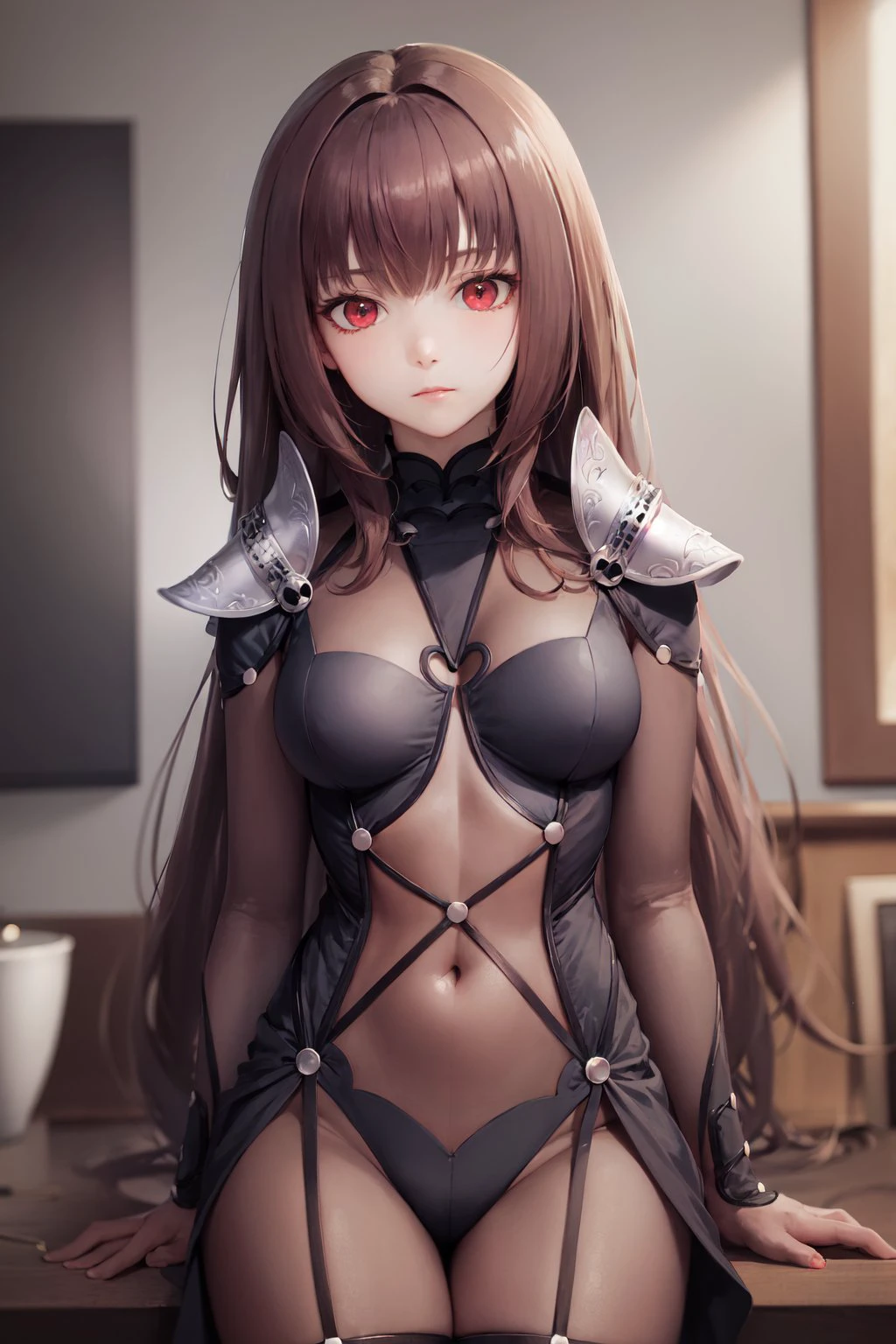 (masterpiece, best quality:1.2), <lora:fate_scathach-10:1>, cowboy shot, solo, 1girl, scathach \(fate\), expressionless, closed mouth, looking at viewer, long purple hair, red eyes, armor, shoulder armor