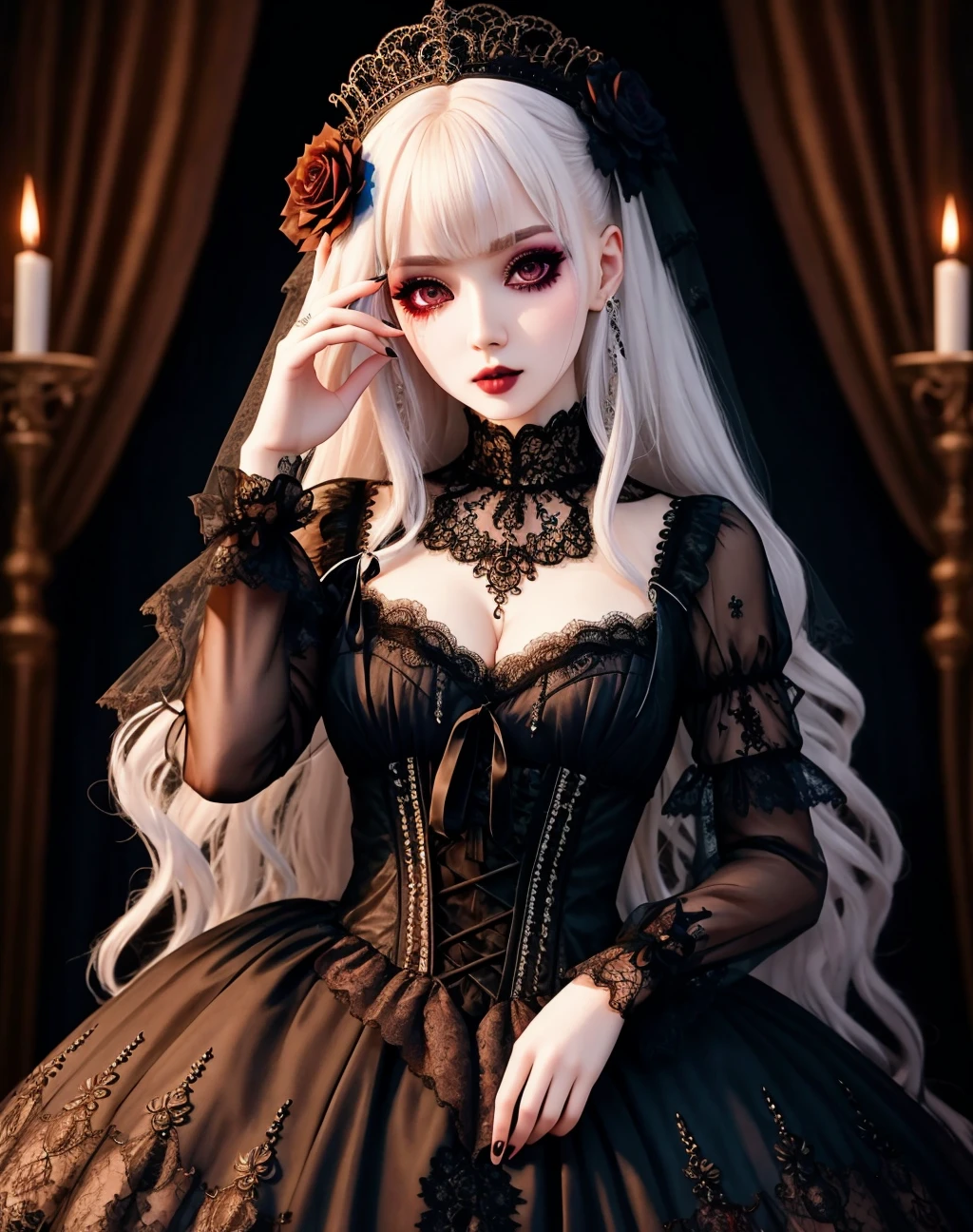 Masterpiece, absurdres,HDR ,highly detailed eyes and face,GothGal, a woman dressed in gothic ballgown holding,runny makeup, see through clothing, lace, embroidery , woman wearing a GothGal outfit, pale white skin, wearing a ballgown  <lora:ballgownGoth:0.7>