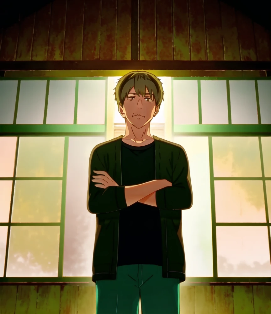 (KaburagiMasaya); solo, old man, 1boy, crossed arms, cowboy shot, jacket, windows, close to viewer, cinematic angle,
indoors, pants, black shirt, male focus, long sleeves, open clothes, shirt
<lyco:oshinoko-ep04-cs2-loha-step-30000:0.9>