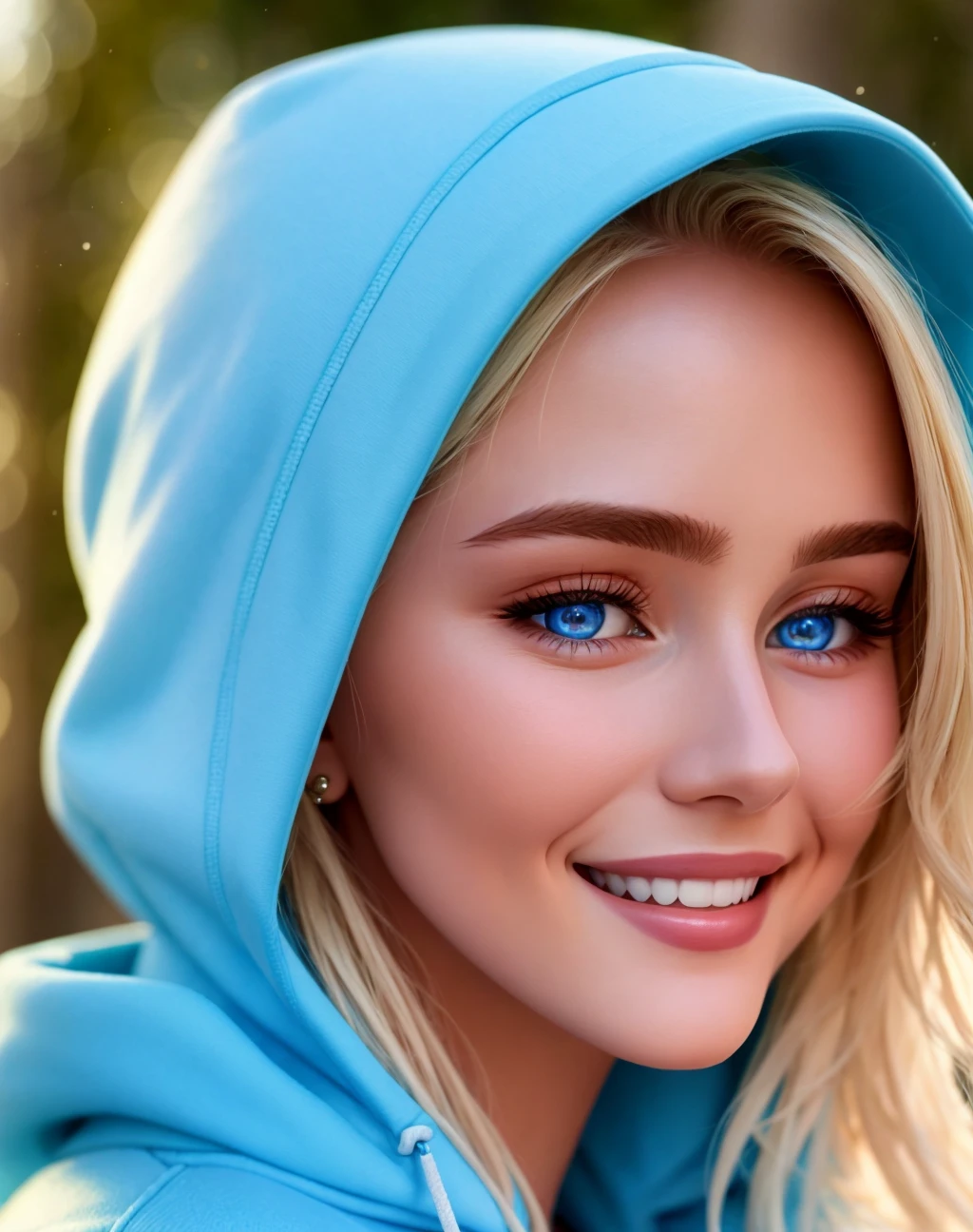 Masterpiece, absurdres,HDR ,highly detailed eyes and face,smiling, beautiful nod_woman, a woman with blonde hair and a blue hoodie ,perfect nod_body,perfect nod_face, <lora:nod:0.7>