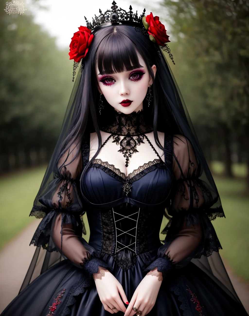 Masterpiece, absurdres,HDR ,highly detailed eyes and face,GothGal, a woman dressed in gothic ballgown holding,runny makeup, see through clothing, lace, embroidery , woman wearing a GothGal outfit, pale white skin, wearing a ballgown  <lora:ballgownGoth:0.7>