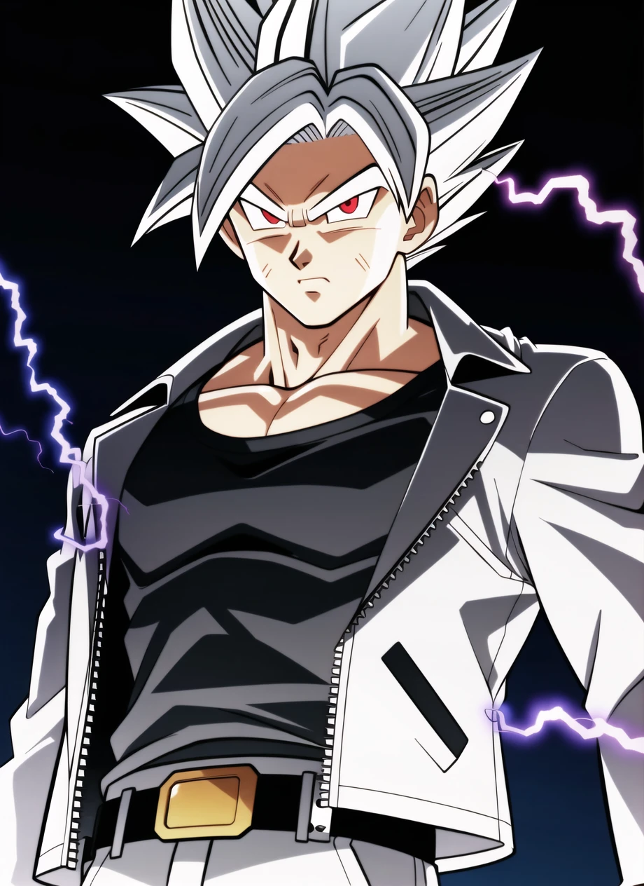 dbsuper style, super saiyan beast, 
1boy,  black background, collarbone, leather jacket, jacket, open jacket, shirt, white shirt, black jacket, long sleeves, electricity, aura, energy, grey hair, looking at viewer, male focus, muscular, muscular male, red eyes, belt, scratches, outdoors, solo, spiked hair, upper body, v-shaped eyebrows
, ((masterpiece))
<lora:dbsuper_style_offset:1>