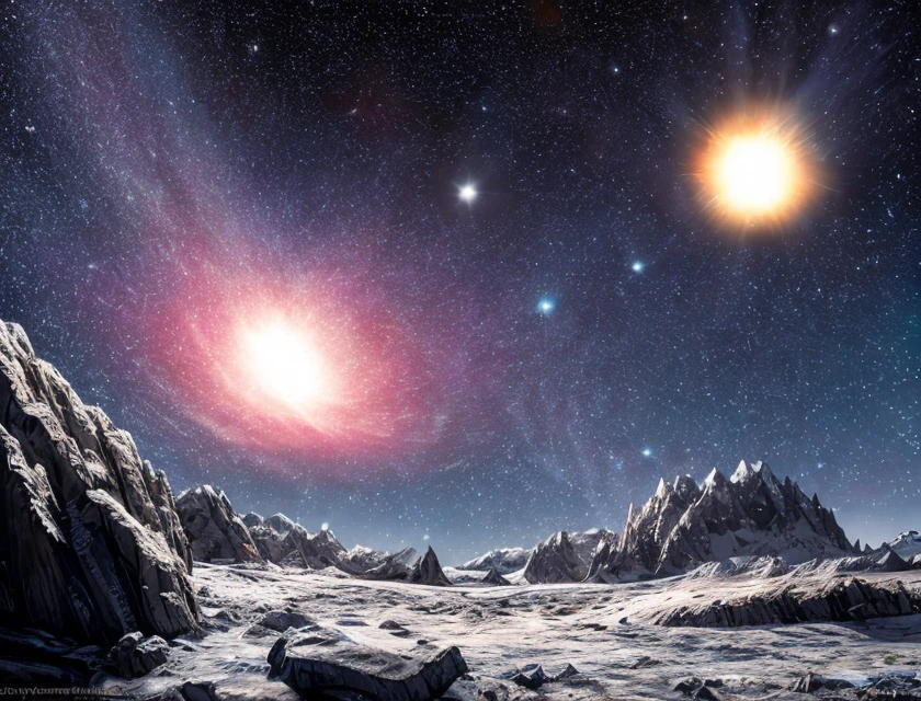 surface of a rocky, cold planet in the neutron star system, active star, radioactivity, northern lights <lora:Retro SciFi v.2:0.6>