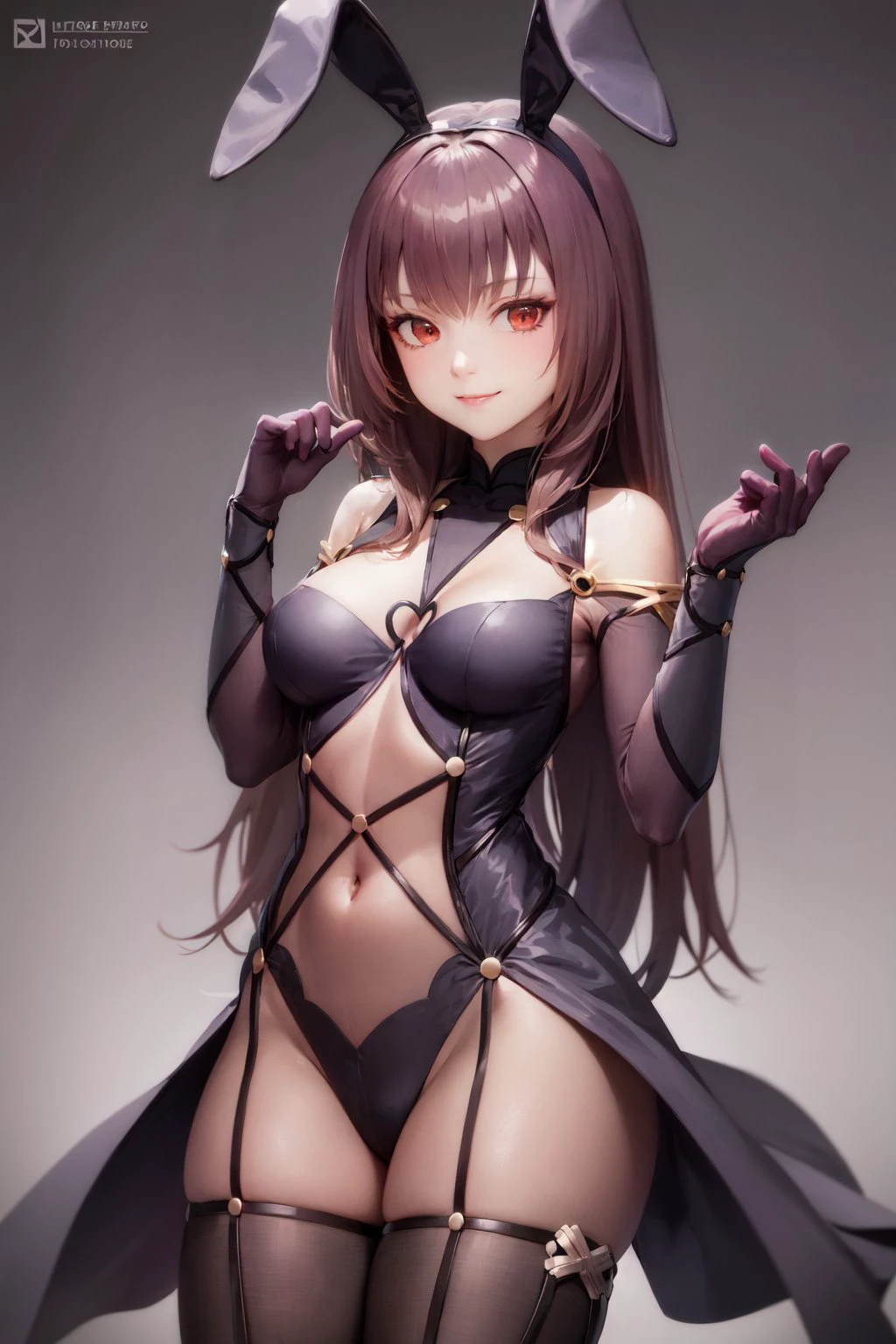 (masterpiece, best quality:1.2), <lora:fate_scathach-10:1>, cowboy shot, solo, 1girl, scathach \(fate\), playboy bunny, smile, closed mouth, looking at viewer, paw pose, fake animal ears, leotard, pantyhose