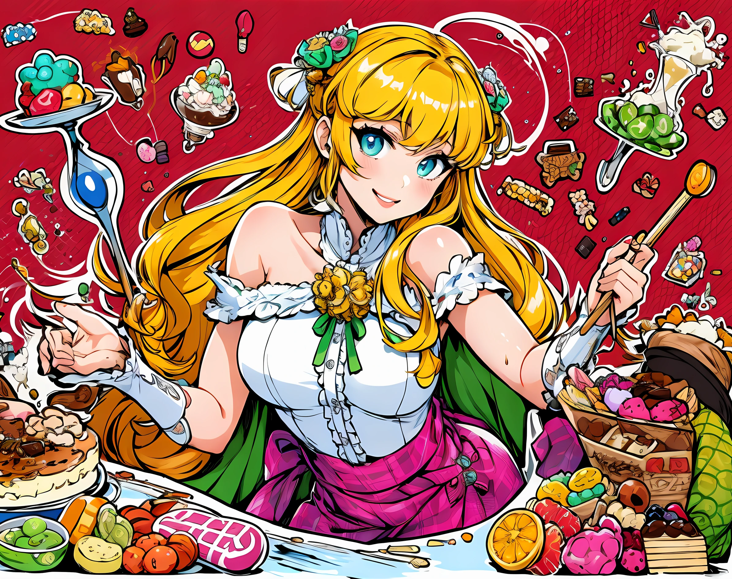 (Masterpiece, Best Quality), highres, Manga, (2d), (Traditional Media:1.2), official art 1girl, (solo), dynamic, portrait, retro artstyle, a cartoon character (woman) on a colorful background sitting on a delicious drizzling cake, art by ro_g_(oowack), wide shot, mature female, fire emblem heroes, [outline], (upper body), Maximum yellow hair, Green Lizard eyes, (detailed deep eyes), tsurime, (lips, nose, long face:1.2), aged up, elegant, curvy, medium breasts, medium-length messy hair, (long sidelocks), fringe trim, expressive, Ayami Kojima, light smile, translucent skirt, appliques, candy trim, bubblegum, blush, surprised, treats, chocolate bar, [fruits], high detail illustration, lineart, space art, pool of honey and syrup, [confetti], ice cream, candy_hair_ornament , wrapped candy, sweet, fluffy capelet, frills, cute fantasy, shiny, cinematic lighting:1.1, scenery, (glaze), bare shoulders, high heel boots, lace trim, contrast, extremely detailed, intricate, (Details:1.2), Clothing style,  Clothing print, (alternate costume:1.1), full body, (transparent background:1.2), floating particles, pop art, art deco