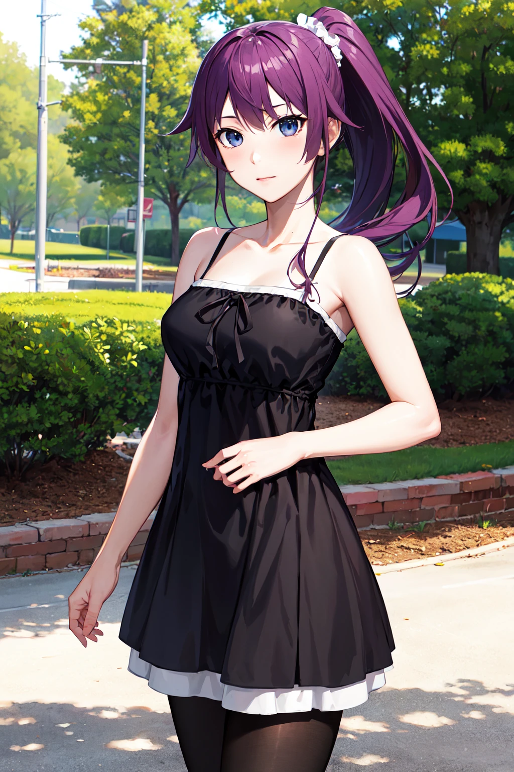 masterpiece, best quality, highres, sh1, senjougahara hitagi, long hair, ponytail, black dress, pantyhose, <lora:senjougahara_hitagi_v1:0.7>, cowboy shot, outdoors, standing,