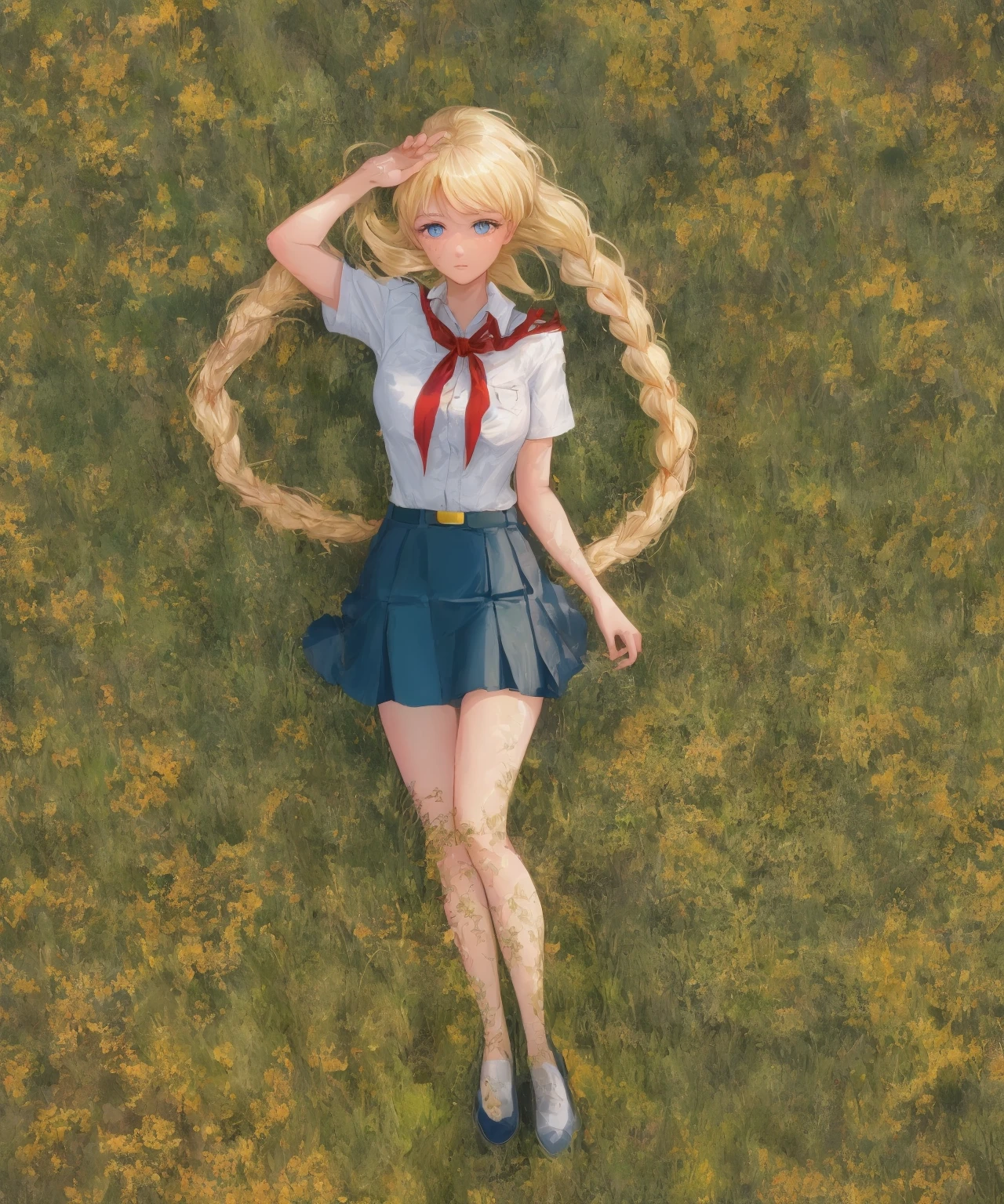(sl:1.1), 1girl, blonde hair, braid, solo, (twin braids:1.1), skirt, blue eyes, long hair, red neckerchief, short sleeves, full body, shirt, on back, blue skirt, looking at viewer, white shirt, laying, (high grass:1.1), blue shoes, looking at viewer, from above, field, flowers, outstretched_arms . white socks