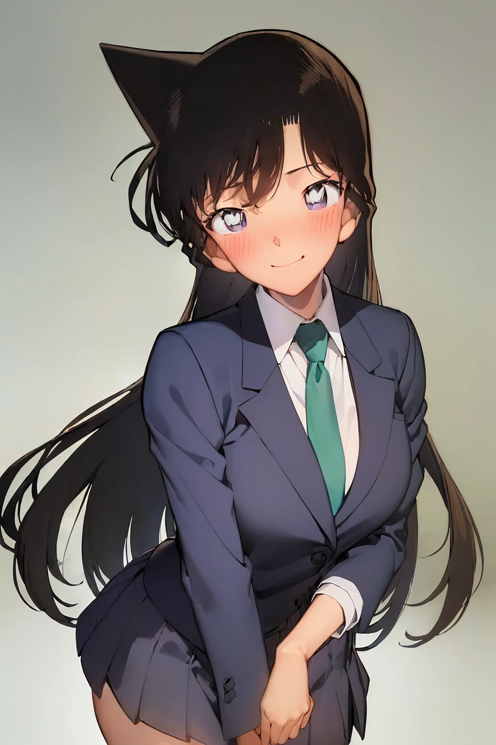 ((masterpiece)), (school), (8k, high_resolution), ((distinct_image)),((1girl, solo)) ,extremely detailed CG, ((best quality)), (meitantei conan \(style\), detecive conan \(style\), meitantei conan), (((black hair, long hair, wavy hair))), solo, beautiful eyes and detailed face, (large breasts:1.2), (wide hip:1.3), (thick thigh), (long height), ((blush, smile:1.1)), (abs:0.8), ((black hair, black eyes:1.4)), ((1girl, solo)), ((school uniform, green necktie, white shirt, blue blazer, blue jacket:1.2)), cowboyshot <lora:conan2-20:1>