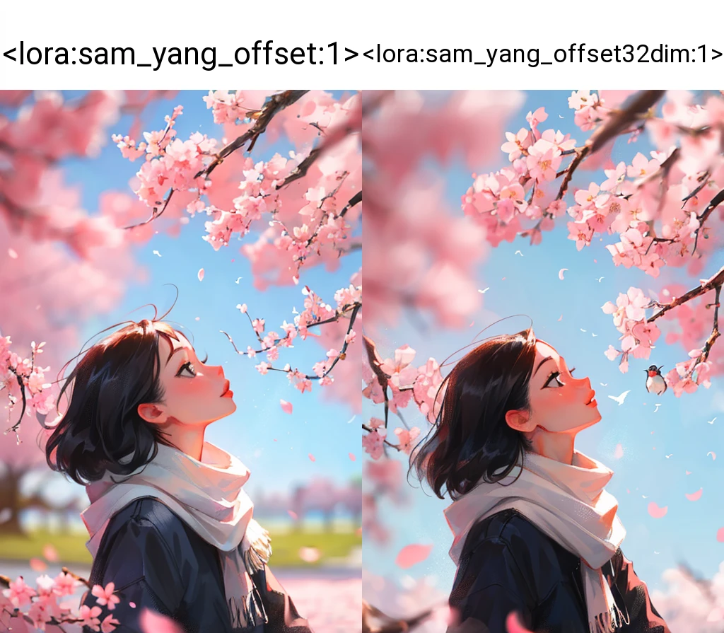 sam yang, 1girl, bird, black eyes, black hair, blurry, blurry background, cherry blossoms, lips, long-tailed tit, looking up, medium hair, profile, scarf, solo, tit (bird), ((masterpiece)) <lora:sam_yang_offset:1>