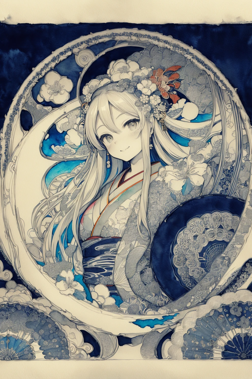 absurdres, highres, ultra detailed, (masterpiece),
drawing, (pale hues smeared watercolor:1.3), (Guanyin Bodhisattva),(yumeji:1.5), high contrast, (primary color, colorful:1.8), manga influence,
(worn out kimono:1.3), face the front, (medium shot:1.1), (looking at viewer:1.2), happy smail ,(very cute 1girl:1.3),
BREAK,
(background art nouveau,) flowing lines, organic shapes, intricate patterns, decorative designs, elegant forms, (paradise:1.1), <lora:SilvermoonMix01V1.1:1>