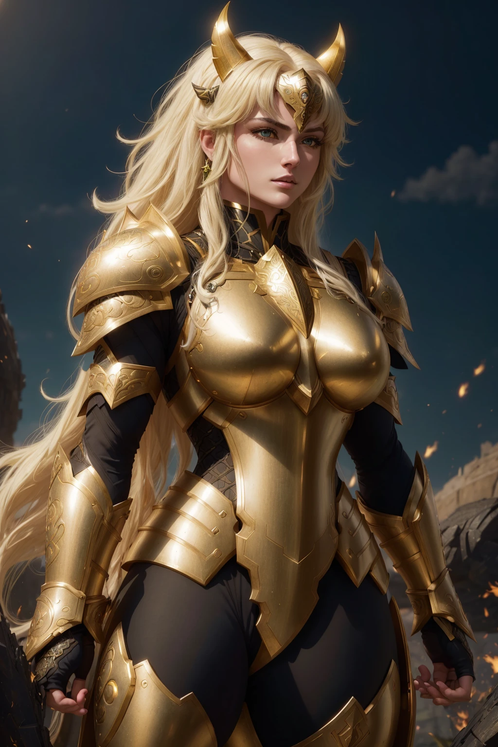 (1girl), wearing a heavy knight armor, dark armor, intricate black and gold armor details, intricate beautiful green fields, legendary, futuristic, saint seiya, long blonde hair, muscular, power pose, highly detailed background, fire in the eyes, aura power, highly detailed