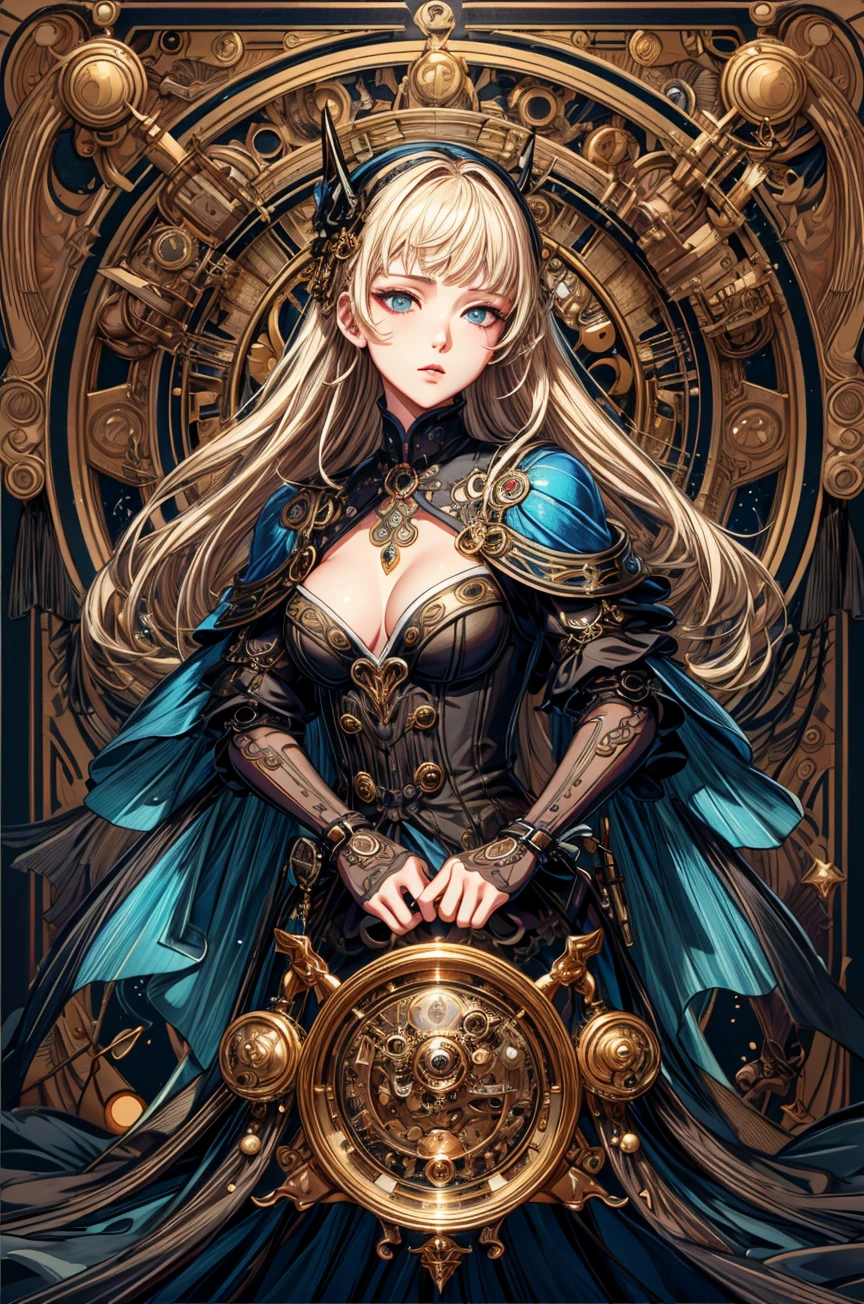 (masterpiece, top quality, best quality, official art, beautiful and aesthetic:1.2), (1girl:1.3), extreme detailed,(Steampunk:1.2),blonde long hair with bangs, colorful,highest detailed, small boobs, <lora:add_detail:1>  <lora:animetarotV51:0.6> <lora:phoenixdressV.2-0000010:0.4>, steampunkai  <lora:steampunkai:0.6> style of Yanjun Cheng, iridescent
