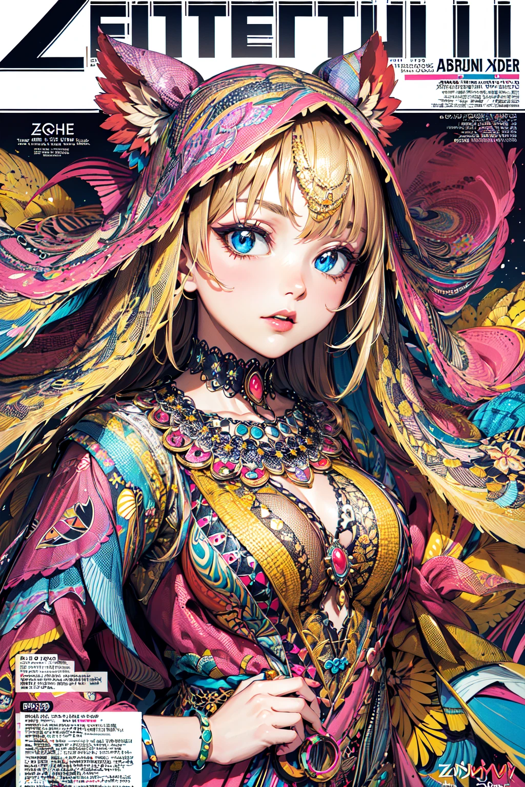 absurdres, highres,  (ultra-detailed background, detailed background), extremly detailed,
1gir, artist style, (Fashion Magazine Cover:1.2), (zentangle:1.3), material effects,
