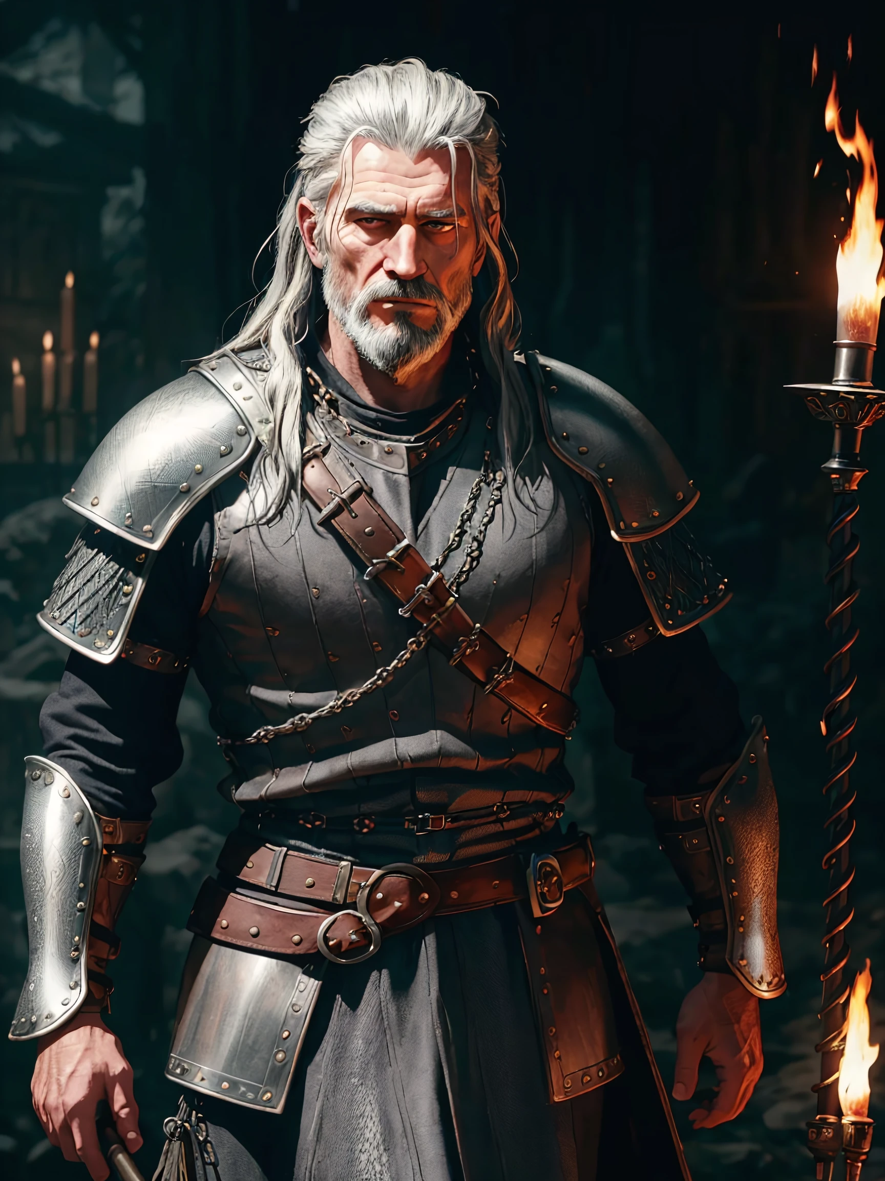 (Highest quality:1.3), cinematic shot, masterpiece, (sharp focus:1.5), (photorealistic:1.3),  medium portrait of (a weary-looking but still proud and fierce-looking old Viking warrior, now the leader of his village, dressed in elaborately detailed chain mail and leather armour, a few torches burn on the walls, giving the scene a dark atmosphere but sculpting the forms in sharp chiaroscuro), it is night time, (highly detailed skin),  (detailed face), detailed background, dark lighting, twilight lighting, volumetric lighting,  intricate details, UHD,  <lora:epiNoiseoffset_v2:1.5>