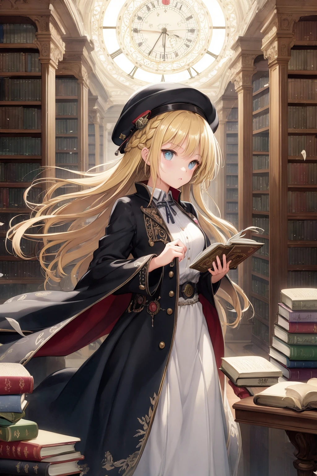 masterpiece, best quality, masterpiece,best quality,watercolor-painting,watercolor-paper,2020s_(style),extremely detailed CG unity 8k wallpaper,ultra-detailed, best illustration, detailed light, over exposure,an extremely delicate and beautiful,solo,1 girl close up,a girl looking at viewer,shiny,beautiful detailed eyes,round eyes,messy floating hair, small breasts,Shiny-messy-hair, extremely detailed background,depth of field,dynamic composition,cinematic-lighting,ink painting-background, fantasy,in-the-library,magic circle,bookshelfs,many books,long coat with fringe,European,scolar,-yeld,blarobe with embroidery,hat with embroidery,boots,long skirt,gorgeous fringe,thin-metal-decorations,antique,blonde-hair,daytime,vintage color,french braid,magic books,tower of books,floating many books,clock,long hair,detailed clothes,100-layer-dress, parted bangs,<lora:SilvermoonMix01V1.1:1>