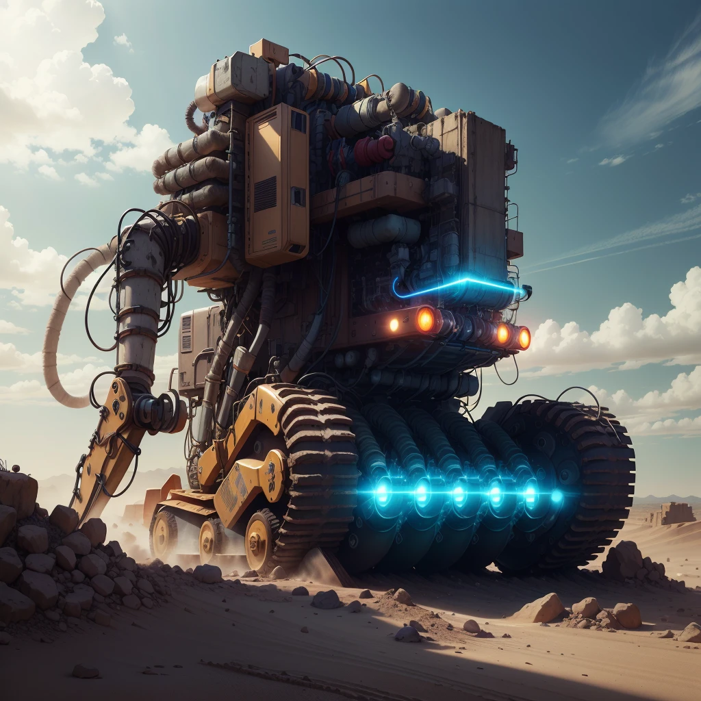 <lora:AntimatterTech-20:0.5>,antitech,energy, excavator in the desert,