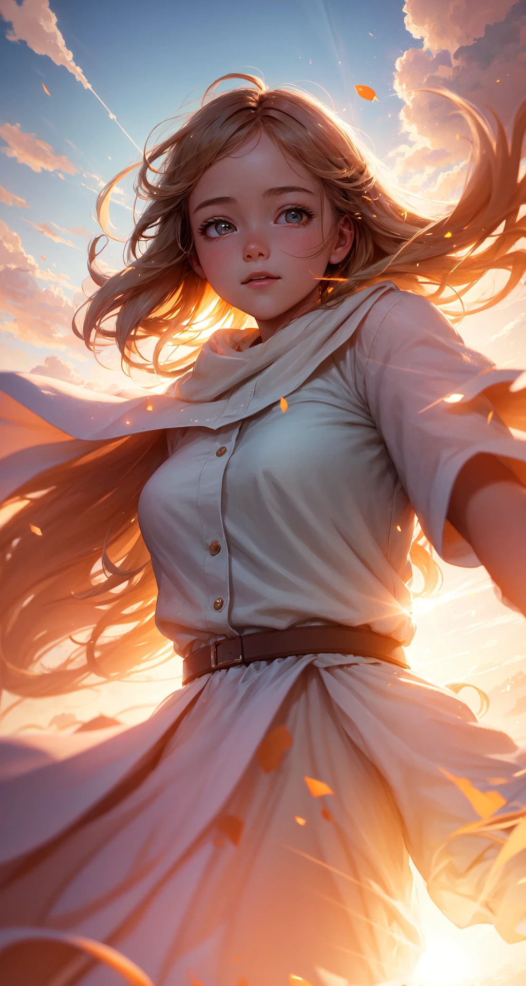 masterpiece, best quality, movie still, 1girl, cloud girl, floating in the sky, close-up, bright, happy, warm soft lighting, sunset, (sparks:0.7)