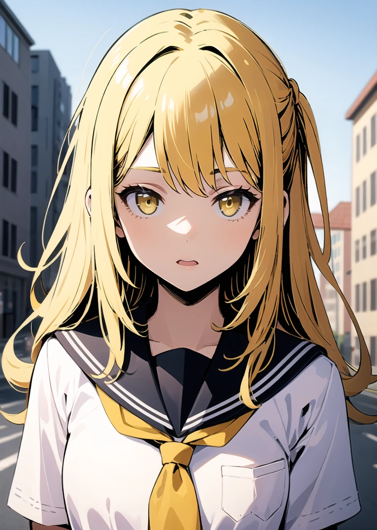 1girl, upper body, yellow hair, school uniform, street <lora:pitch_black_shadow_V2:1.3>
