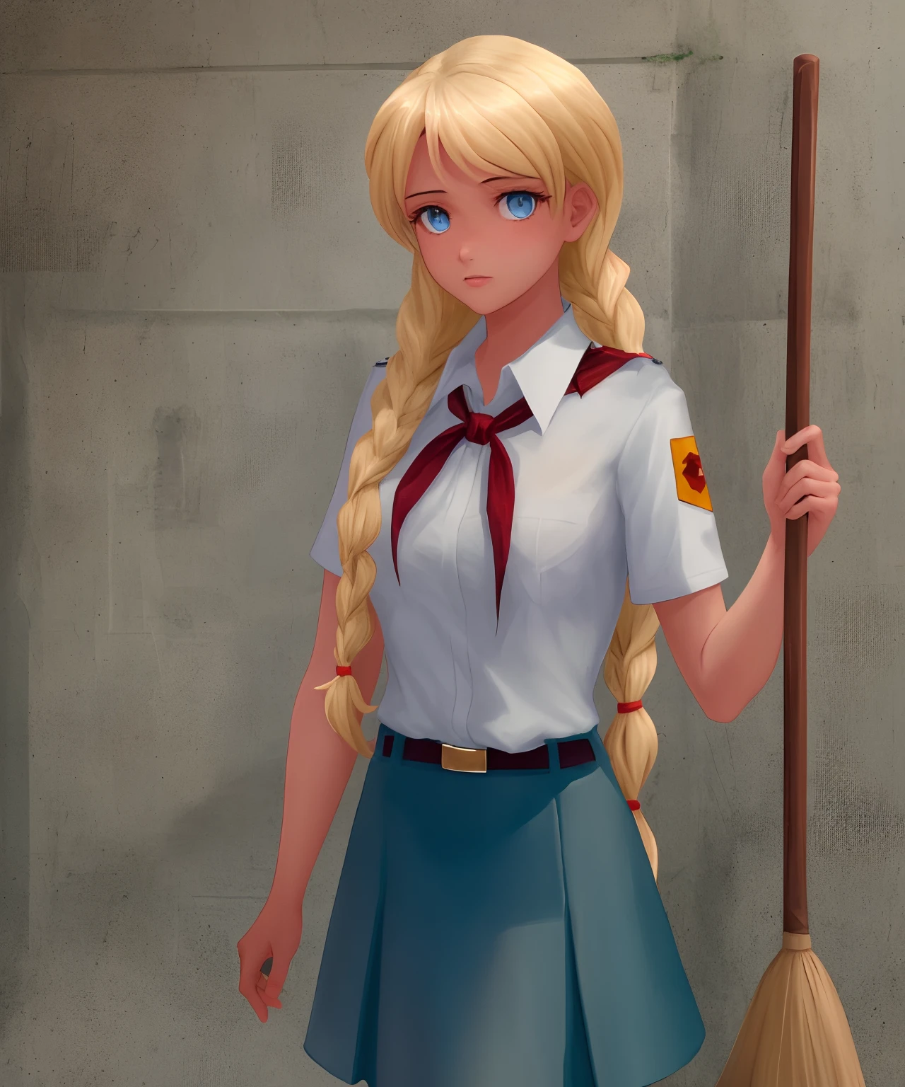 (sl:1.1), 1girl, solo, broom, blue eyes, braid, twin braids, blonde hair, skirt, long hair, holding broom, shirt, looking at viewer, short sleeves, blue skirt, white shirt, holding, cowboy shot, collared shirt, hair over shoulder, neckerchief, red neckerchief, standing, breasts