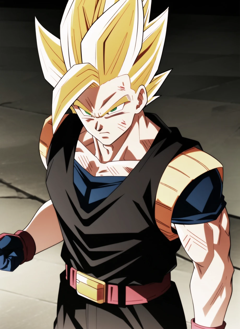 dbsuper style, 
1boy, aura, belt, blonde hair, bruise, bruise on face, clenched hands, frown, furrowed brow, gloves, green eyes, grey gloves, injury, male focus, muscular, muscular male, solo, spiked hair, super saiyan, super saiyan 1, upper body, vest, widow's peak
, ((masterpiece)) 
<lora:dbsuper_style_offset:1>