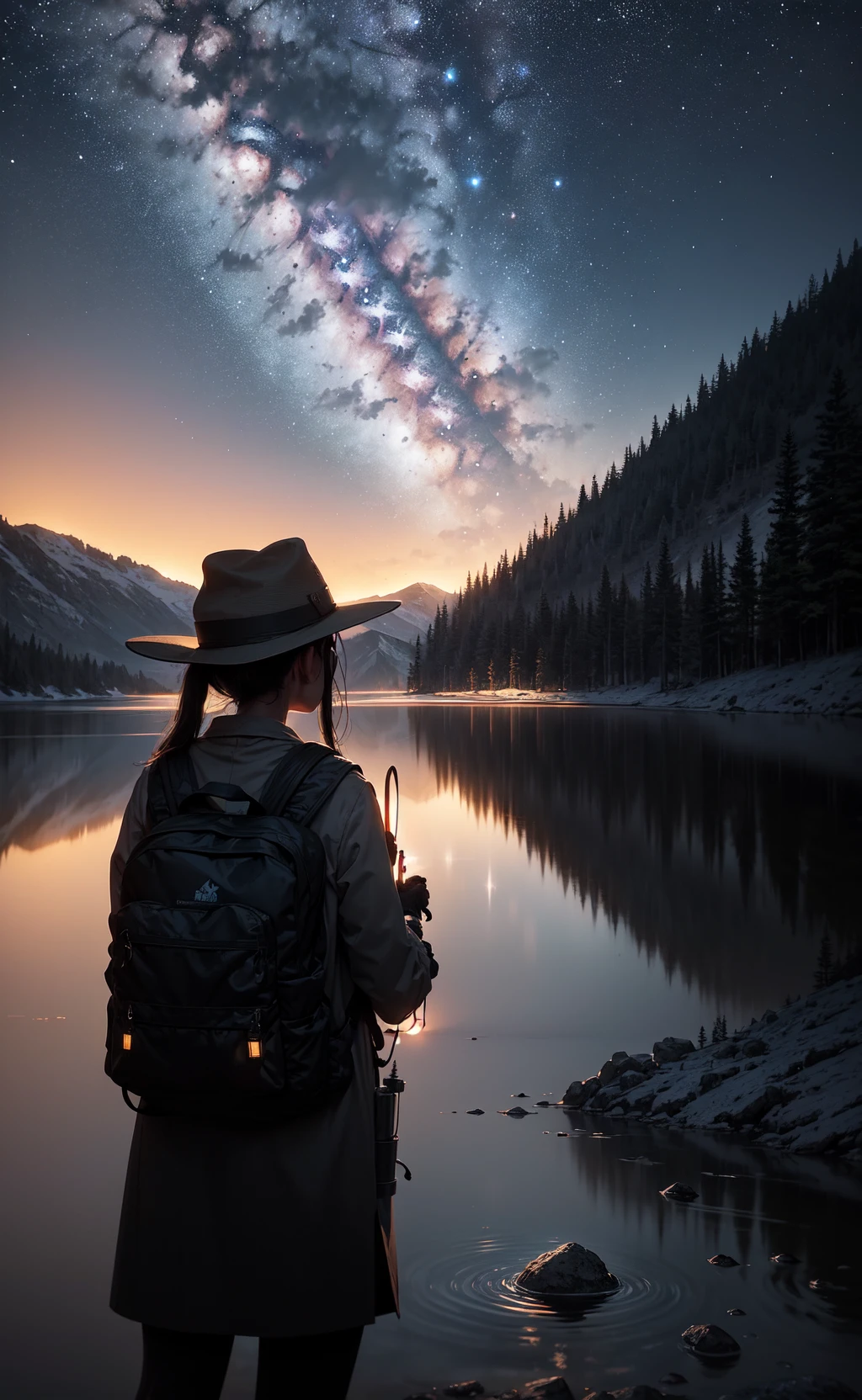 masterpiece, best quality, ultra-detailed, illustration, 1girl, solo, outdoors, camping, night, mountains, nature, stars, moon, bonfire, tent, twin ponytails, green eyes, cheerful, happy, backpack, sleeping bag, camping stove, water bottle, mountain boots, gloves, sweater, hat, flashlight, forest, rocks, river, wood, smoke, shadows, contrast, clear sky, constellations, Milky Way, peaceful, serene, quiet, tranquil, remote, secluded, adventurous, exploration, escape, independence, survival, resourcefulness, challenge, perseverance, stamina, endurance, observation, intuition, adaptability, creativity, imagination, artistry, inspiration, beauty, awe, wonder, gratitude, appreciation, relaxation, enjoyment, rejuvenation, mindfulness, awareness, connection, harmony, balance, texture, detail, realism, depth, perspective, composition, color, light, shadow, reflection, refraction, tone, contrast, foreground, middle ground, background, naturalistic, figurative, representational, impressionistic, expressionistic, abstract, innovative, experimental, unique