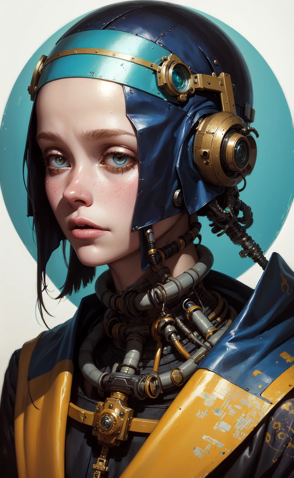 in the style of cyberpunk futurism, african influence, etam cru, light blue and gold, michael creese, steelpunk, michael hussar, white background