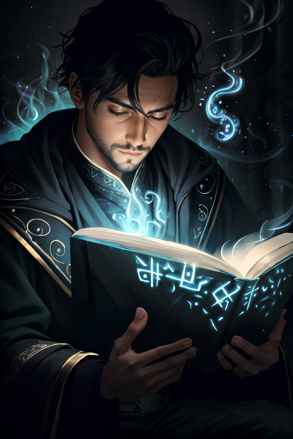 <lora:LowRA:0.7>, award winning, best quality, (masterpiece:1.2), ultra-detail, 8k, uhd, octane render, fantasy, (style-swirlmagic:0.7), realistic,
modelshoot close-up shot of a young male wizard, slender, wizard costume,
reading a magic book, (glowing blue flame swirling around:1.3),
looking at viewer,
cinematic lighting,
by greg rutrowski,