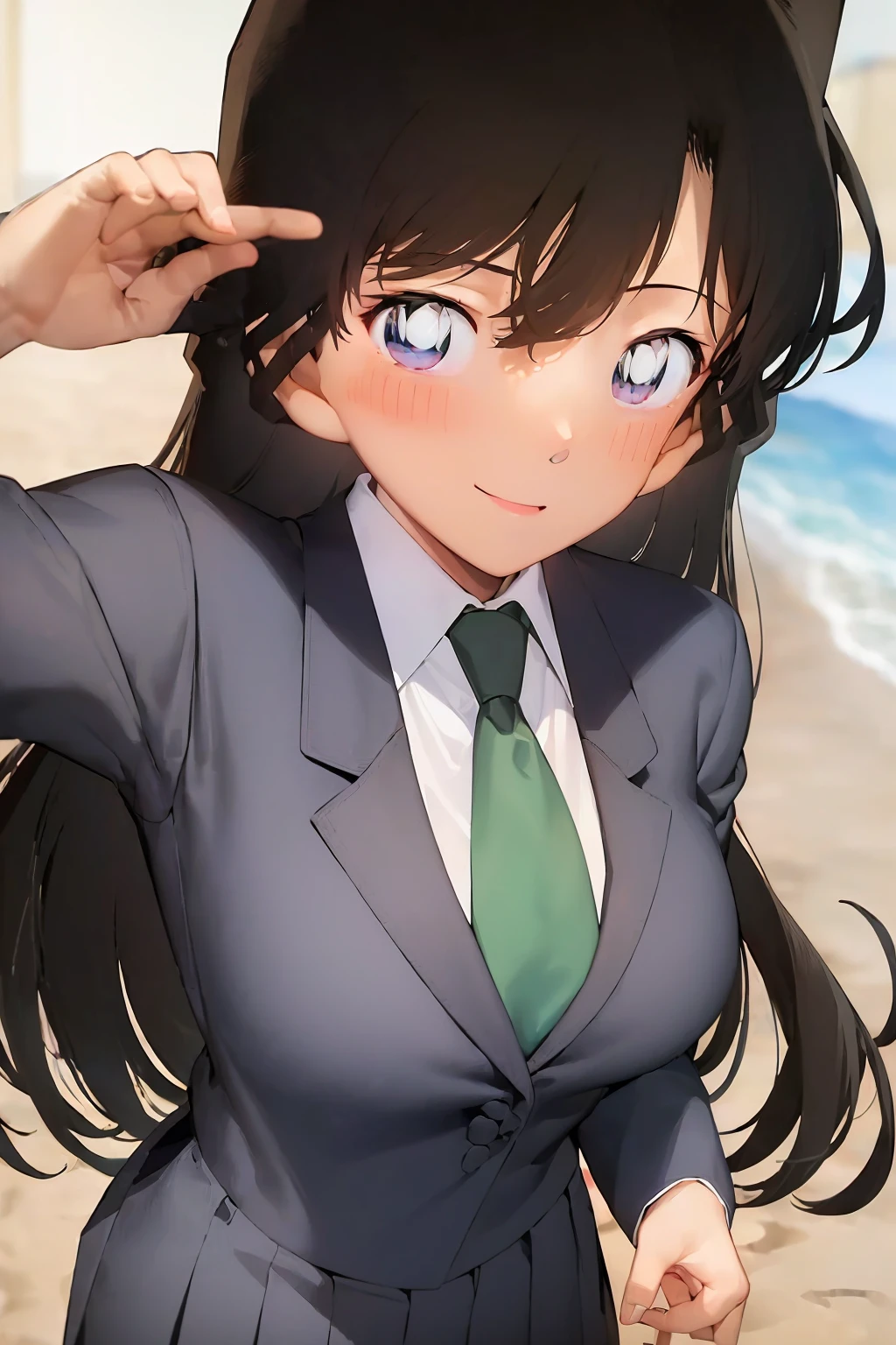 ((masterpiece)), (beach), (8k, high_resolution), ((distinct_image)),((1girl, solo)) ,extremely detailed CG, ((best quality)), (meitantei conan \(style\), detecive conan \(style\), meitantei conan), (((black hair, long hair, wavy hair))), solo, beautiful eyes and detailed face, (large breasts:1.2), (wide hip:1.3), (thick thigh), (long height), ((blush, smile:1.1)), (abs:0.8), ((black hair, black eyes:1.4)), ((1girl, solo)), ((school uniform, green necktie, white shirt, blue blazer, blue jacket:1.2)), cowboyshot <lora:conan2-20:1>