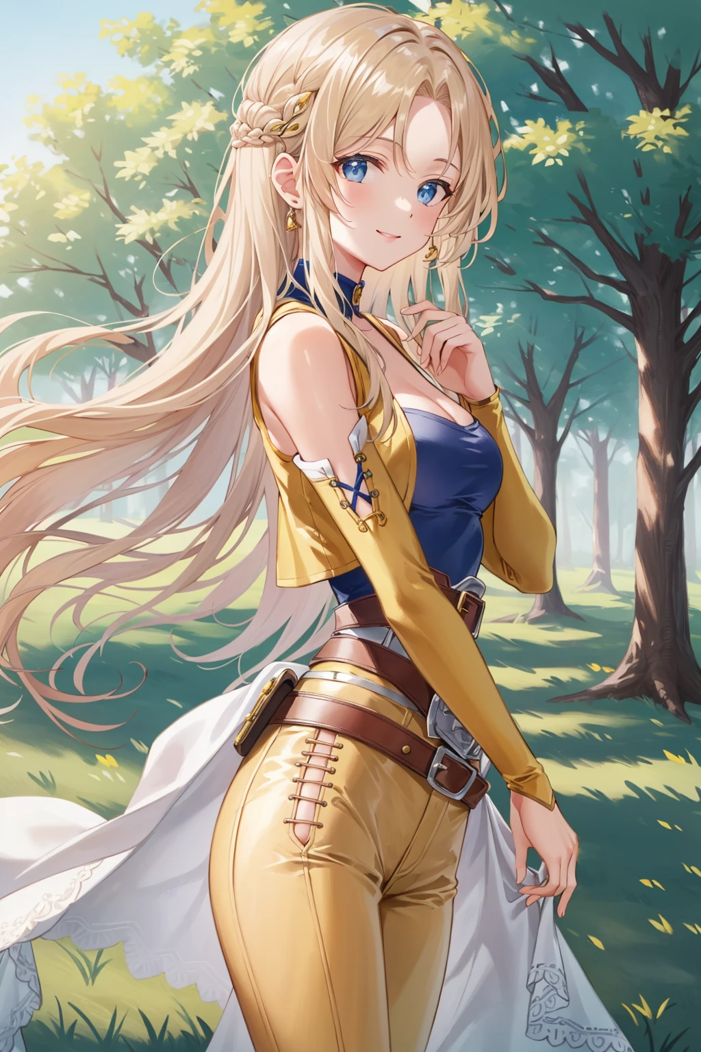 masterpiece, best quality, celes chere, yellow vest, detached sleeves, blue shirt, belt, yellow pants, standing, cowboy shot, from side, looking at viewer, smile, field, trees <lora:celes-nvwls-v2-000012:0.9>