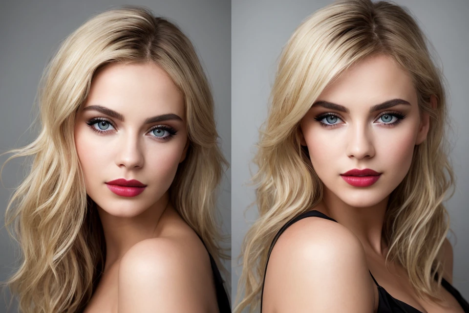 HelgaGrey, woman, (to8contrast style), (Close-up portrait), bold lips, 8k RAW photo, highest quality, detailed hazel-blue eyes, eye reflection, winged eyeliner, (looking at the viewer:1.3), best shadow, intricate details, interior, vibrant wavy Long hair layers with a side part, (blonde hair:1.3), muted colors, high contrast style, glam shot, smoldering, (sultry:1.1), dof, bokeh, intense, languid, tempting, sensual, seductive, longing, yearning, smitten, dark photography studio, minimal lighting, deep shadows, stark contrasts, dramatic highlights, (black backdrop:1.2), dimples, fullness, plumpness, natural pout, lusciousness, red lips, bold color, alluring, captivating, striking, unforgettable, stunning, breath-taking, timeless beauty. (bare shoulders:1.2), headshot