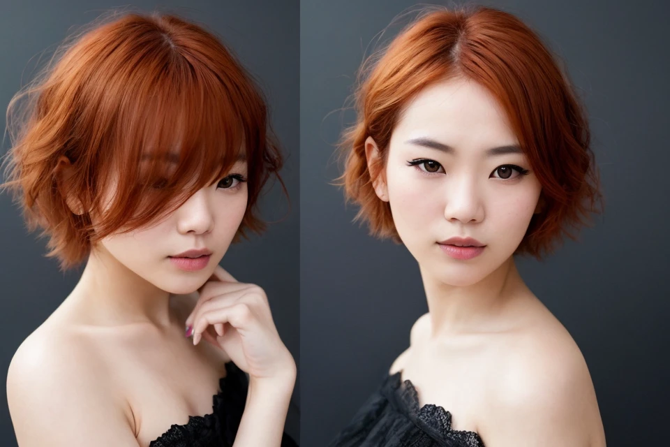 Japanese woman, (to8contrast style), (Close-up portrait), open mouth, 8k RAW photo, highest quality, detailed hazel eyes, eye reflection, winged eyeliner, (looking at the viewer:1.3), best shadow, intricate details, interior, (short ginger hair:1.3), muted colors, high contrast style, glam shot, smoldering, (sultry:1.1), dof, bokeh, intense, languid, tempting, sensual, seductive, longing, yearning, smitten, dark photography studio, minimal lighting, deep shadows, stark contrasts, dramatic highlights, (black backdrop:1.2), dimples, fullness, plumpness, natural blue lips, bold color, alluring, captivating, striking, unforgettable, stunning, breath-taking, timeless beauty. (bare shoulders:1.2), headshot