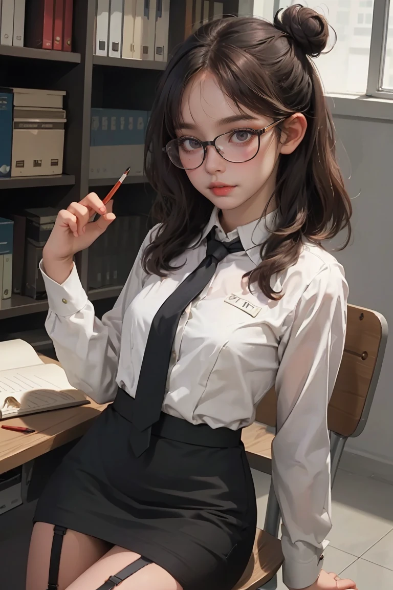 (best quality, masterpiece), 1girl, garter straps, pencil skirt, office lady, glasses, hair bun, necktie, collared shirt, leaning back,