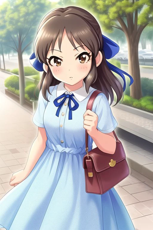 Tachibana Arisu, 
1girl, bag, blue dress, blush, bow, brown hair, dress, hair bow, handbag, long hair, looking at viewer, neck ribbon, outdoors, own hands , ribbon, solo
<lora:u149-v3.1:1>