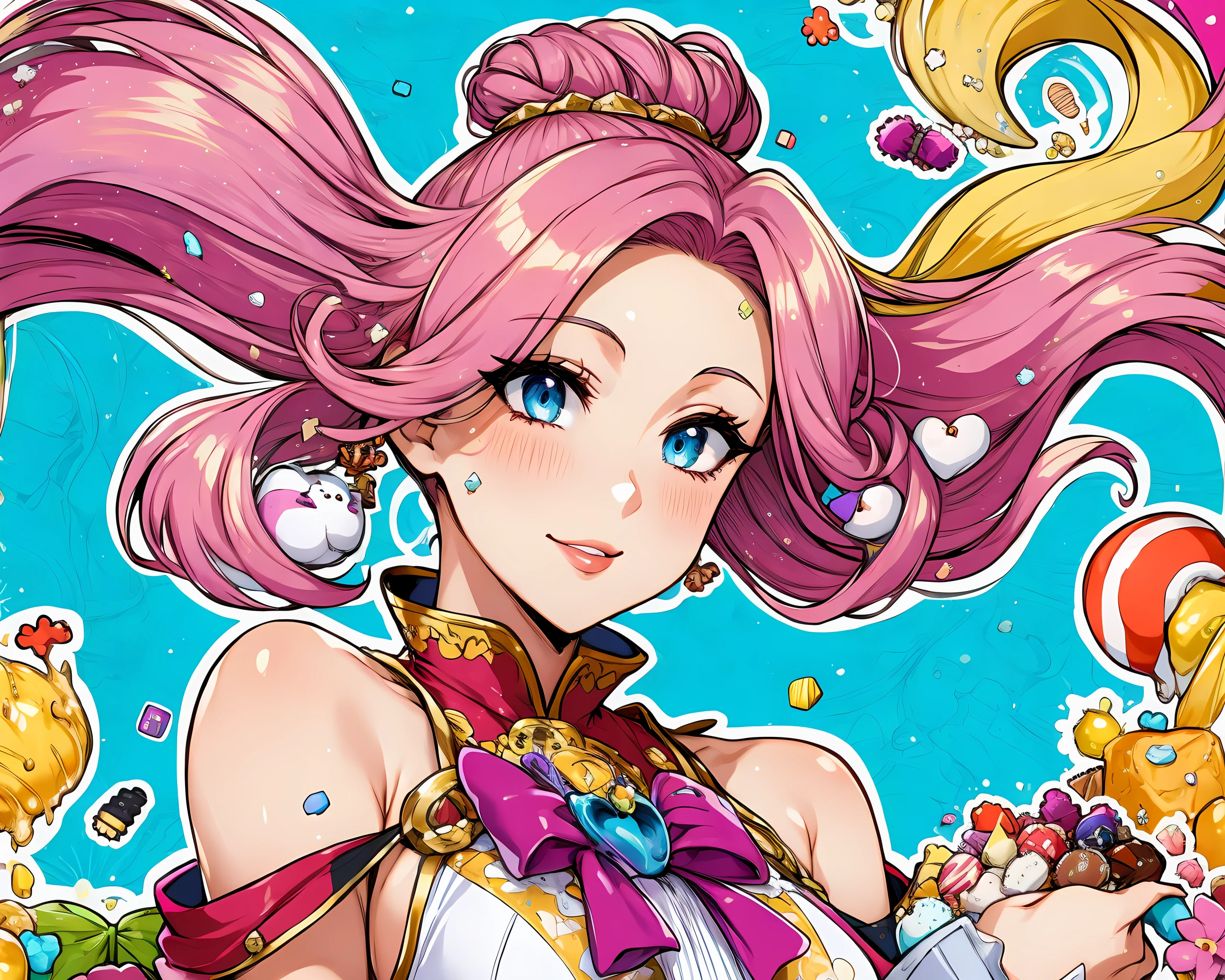 (Masterpiece, Best Quality), highres, Manga, (2d), (Traditional Media:1.2), official art 1woman, (solo), dynamic, portrait, retro artstyle, a cartoon character on a colorful background sitting on a delicious drizzling cake, art by ro_g_(oowack), wide shot, (mature female:1.2), fire emblem heroes, [outline], (upper body:1.2), Mulberry hair, Rose taupe eyes, (detailed deep eyes), tsurime, (lips, nose, long face:1.2), aged up, elegant, curvy, medium breasts, medium-length messy hair, (long sidelocks), fringe trim, expressive, Ayami Kojima, light smile, translucent skirt, appliques, candy trim, bubblegum, blush, surprised, treats, chocolate bar, high detail illustration, lineart, space art, pool of honey and syrup, [confetti], ice cream, candy_hair_ornament , wrapped candy, sweet, fluffy capelet, frills, cute fantasy, shiny, cinematic lighting:1.1, scenery, (glaze), bare shoulders, high heel boots, lace trim, contrast, extremely detailed, intricate, (Details:1.2), Clothing style,  Clothing print, (alternate costume:1.1), full body, (transparent background:1.2), floating particles, pop art, art deco