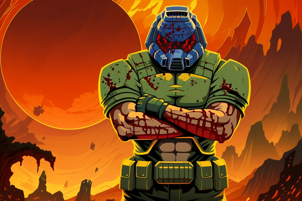 doomguy, full body, solo, illustration, 2d, crossed arms, (solo:1.4), hellscape, daemons, (masterpiece, best quality, absurdres:1.3), blood on clothes,
<lora:doomguy-15:1>