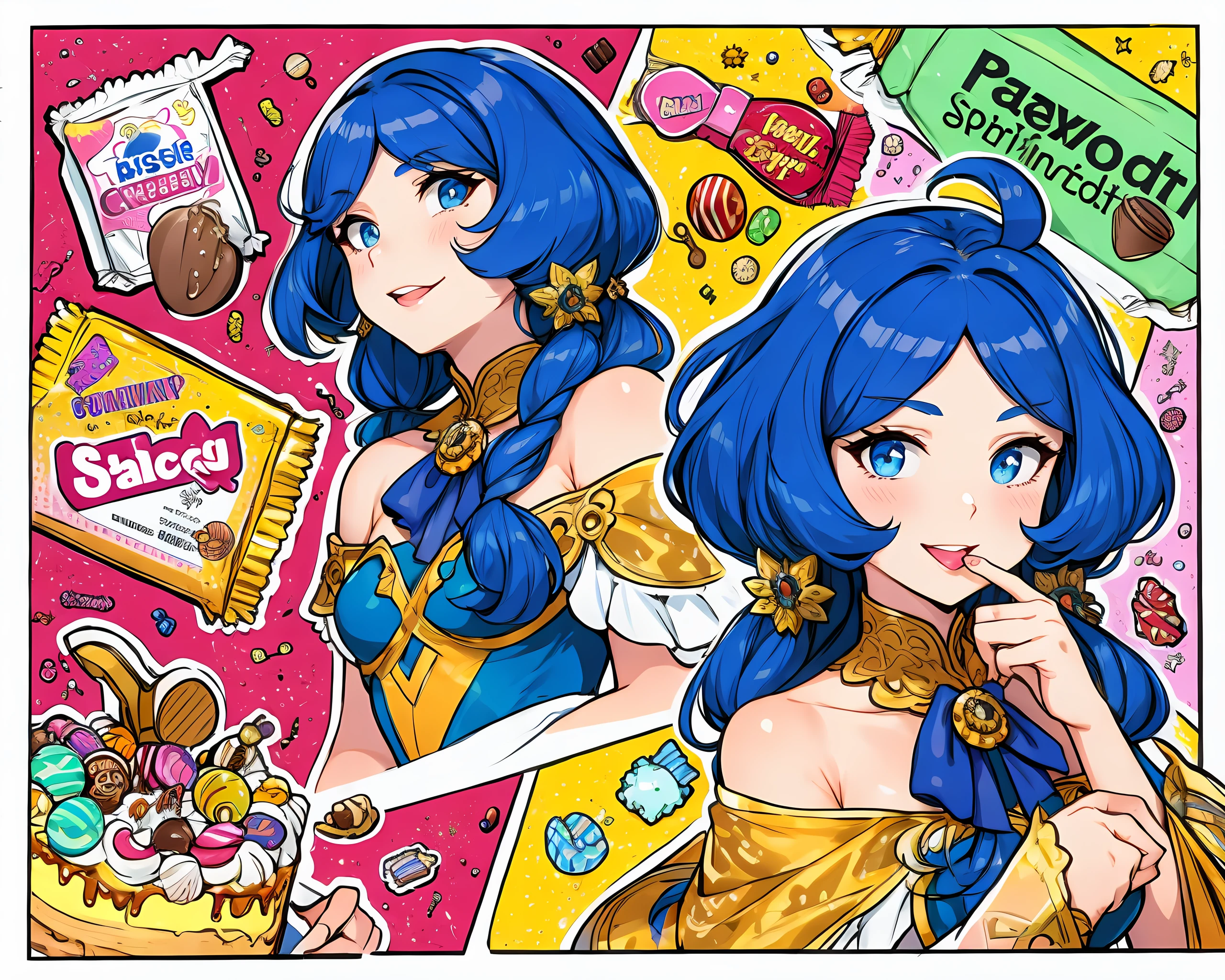 (Masterpiece, Best Quality), highres, Manga, (2d), (Traditional Media:1.2), official art 1woman, (solo), dynamic, portrait, retro artstyle, a cartoon character on a colorful background sitting on a delicious drizzling cake, art by ro_g_(oowack), wide shot, (mature female:1.2), fire emblem heroes, [outline], (upper body:1.2), Rajah hair, Patriarch eyes, (detailed deep eyes), tsurime, (lips, nose, long face:1.2), aged up, elegant, curvy, medium breasts, medium-length messy hair, (long sidelocks), fringe trim, expressive, Ayami Kojima, light smile, flirting, translucent skirt, appliques, candy trim, bubblegum, blush, surprised, treats, chocolate bar, high detail illustration, lineart, space art, pool of honey and syrup, [confetti], ice cream, candy_hair_ornament , wrapped candy, sweet, fluffy capelet, frills, cute fantasy, shiny, cinematic lighting:1.1, scenery, (glaze), bare shoulders, high heel boots, lace trim, contrast, extremely detailed, intricate, (Details:1.2), Clothing style,  Clothing print, (alternate costume:1.1), full body, (transparent background:1.2), floating particles, pop art, art deco