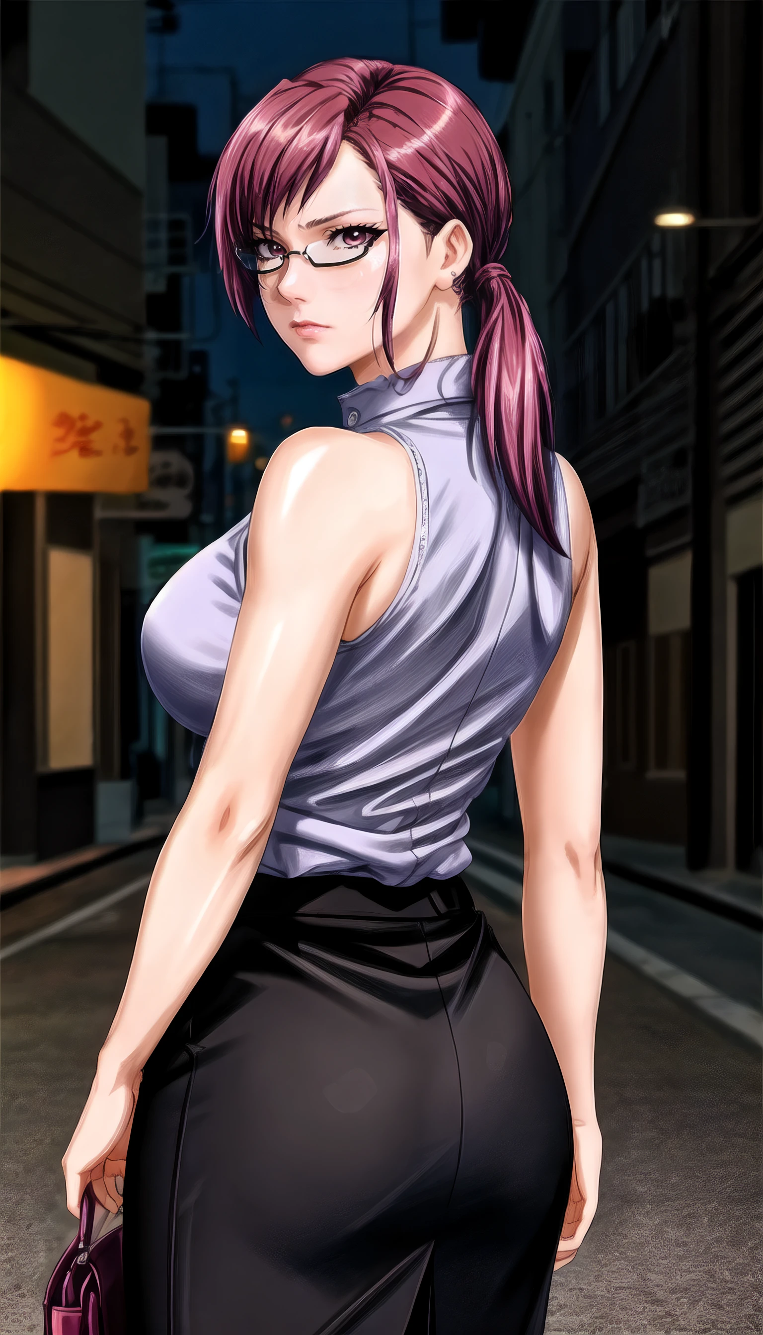 (Masterpiece, Best Quality, High Quality:1.4), professional artwork, realistic drawning, Intricate Details, field of view, sharp focus, detailed painting, masterpiece, cinematic lighting, trending on pixiv, (vivid lighting, vibrant colors, by by Nagasawa Rosetsu:1.2),
Yamasaki Suzuko, mature female, female teacher, milf, standing, holding bag, street, night, neon lights, (cowboy shot:1.1),
(pink hair:1.1), long hair, ponytail, lipstick, makeup, ultra detail hair, ultra detail face, (under-rim eyewear:1.05), perfect eyes, perfect face, earring, serious expression,
sleeveless, sleeveless shirt, white pink shirt, pencil skirt,
(Large Breasts:1.2), Cleavage, (big ass:1.1), ass focus, <lora:YamasakiSuzuko-000009:0.8>, <lora:add_detail:1>, <lora:epi_noiseoffset2:1>