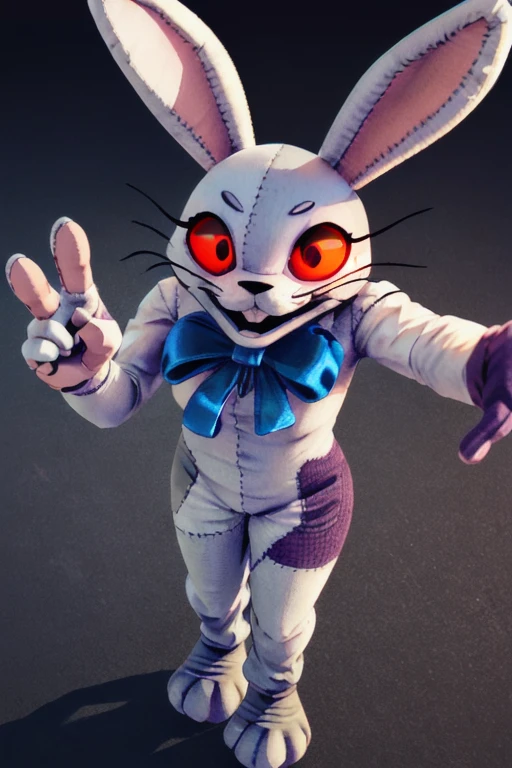 ((Realism, 3D, Cel Shading, Ambient Occlusion, Fluorescent, high details, detailed and intricate, intricate details, high intricate details, absurd amount of details, absurdres, high resolution, (8k resolution), 8k, 8kres, 8k res, ((high quality:1.2, masterpiece:1.2)))), 1girl, cute, <lora:Fnaf_Vanny:1> , rabbit ears, red eyes, detailed eyes, patchwork costume, one red glove, blue bow, black pupils, open smile, bunny teeth, dark background, menacing, 3 toes, 5 fingers,, Single Shot, Soft Focus, Aerial Shot, Helicopter Shot