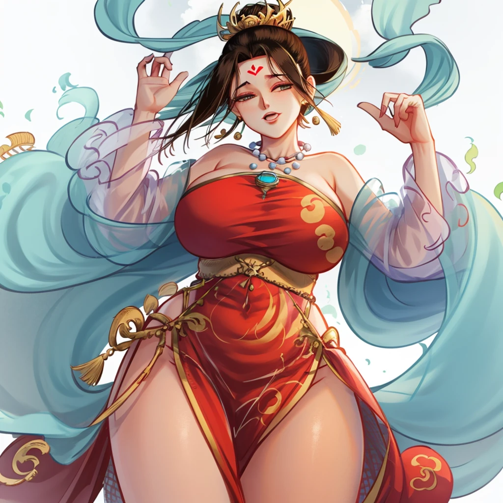 best quality,masterpiece,from_below,looking_at_viewer,looking_down,Master piece,extremely detailed CG unity 8k,cinemic lighting,
jiongfemale, 1girl, forehead mark, jewelry, solo, black hair, facial mark, necklace, dress, shawl, hagoromo, red dress, full body, earrings, hair ornament, chinese clothes, white background, long sleeves
cowboy shot,from below,from front,looking at viewer,shamare,jumping,dynamic pose,looking_at_viewer, huge_breasts, huge ass,curvy,thick thighs,
<lora:dim32Nai30each_jiong-000002:0.8>