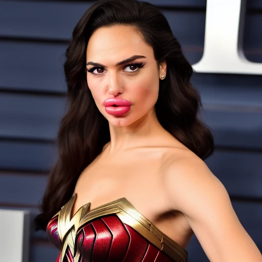Wonder woman close up shot, photo studio white background, gal gadot biggerfakelips-16000