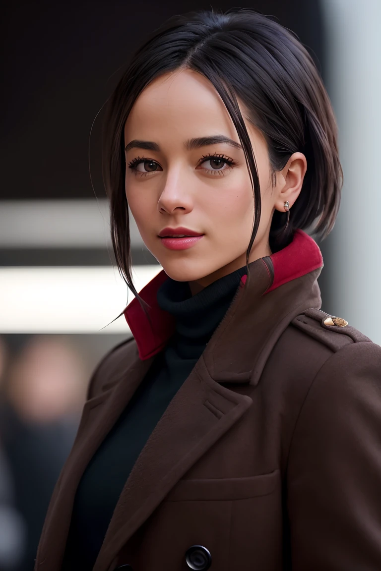 photo of (alizjacot:0.99), a woman as a movie star, modelshoot style, (extremely detailed CG unity 8k wallpaper), photo of the most beautiful artwork in the world, professional majestic oil painting by Ed Blinkey, Atey Ghailan, Studio Ghibli, by Jeremy Mann, Greg Manchess, Antonio Moro, trending on ArtStation, trending on CGSociety, Intricate, High Detail, Sharp focus, dramatic, photorealistic painting art by midjourney and greg rutkowski, (long brown coat), (turtleneck), ((comicon event)), (trousers), ((standing on the red carpet)), ((paparazzi in the background)), (looking at viewer), (detailed pupils:1.3), (modern outfit:1.2), (closeup), red lips, (eye shadow)